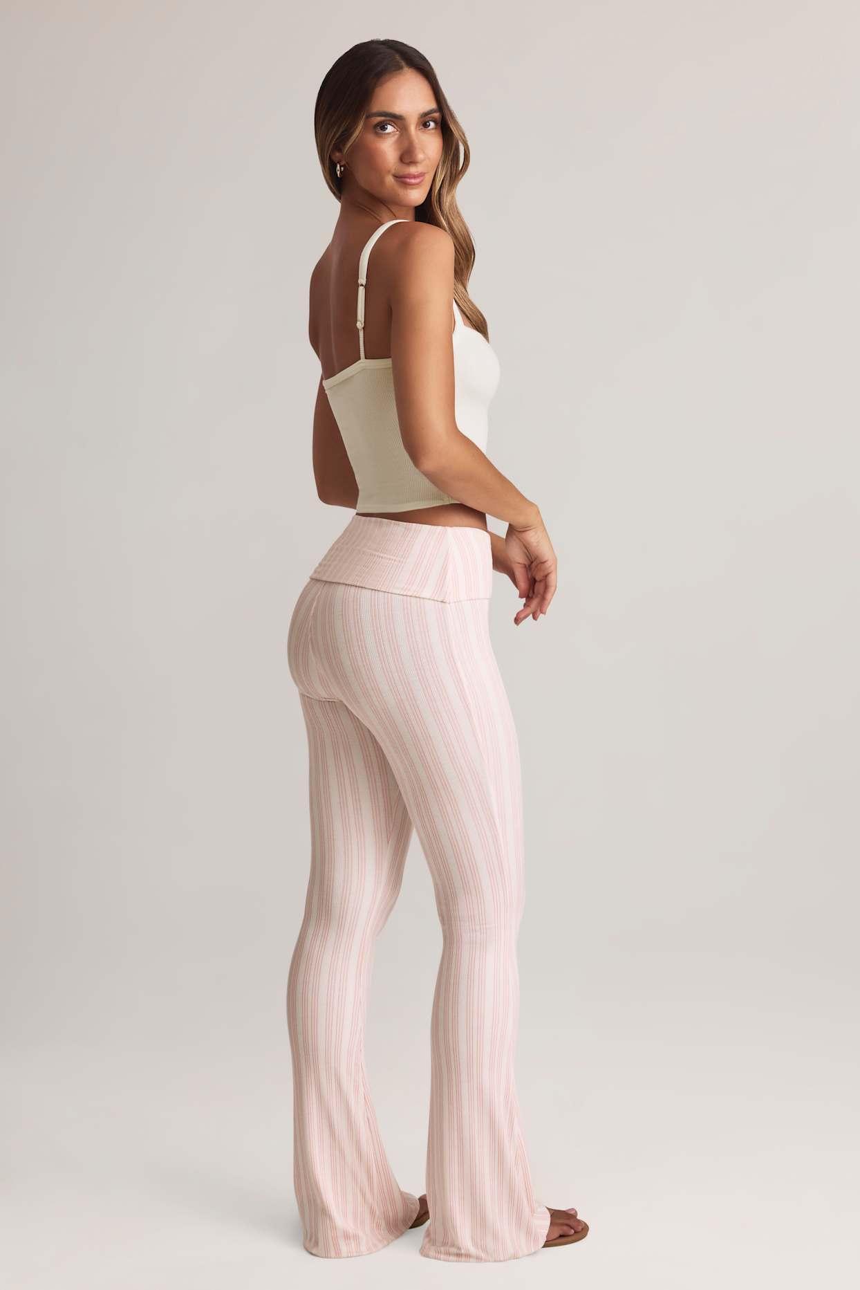 Modal Foldover Mid-Rise Flared Trousers in Stripe Print Product Image