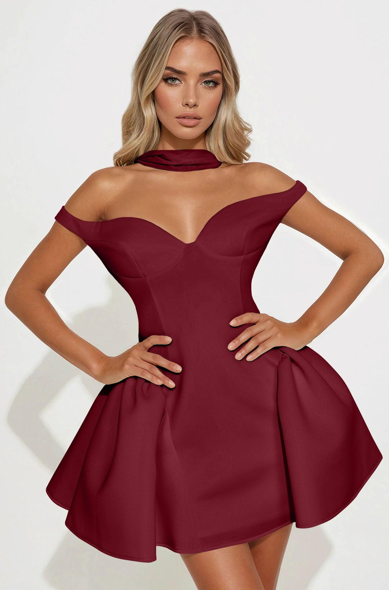 Grand Beauty Off Shoulder Mini Dress - Wine Product Image