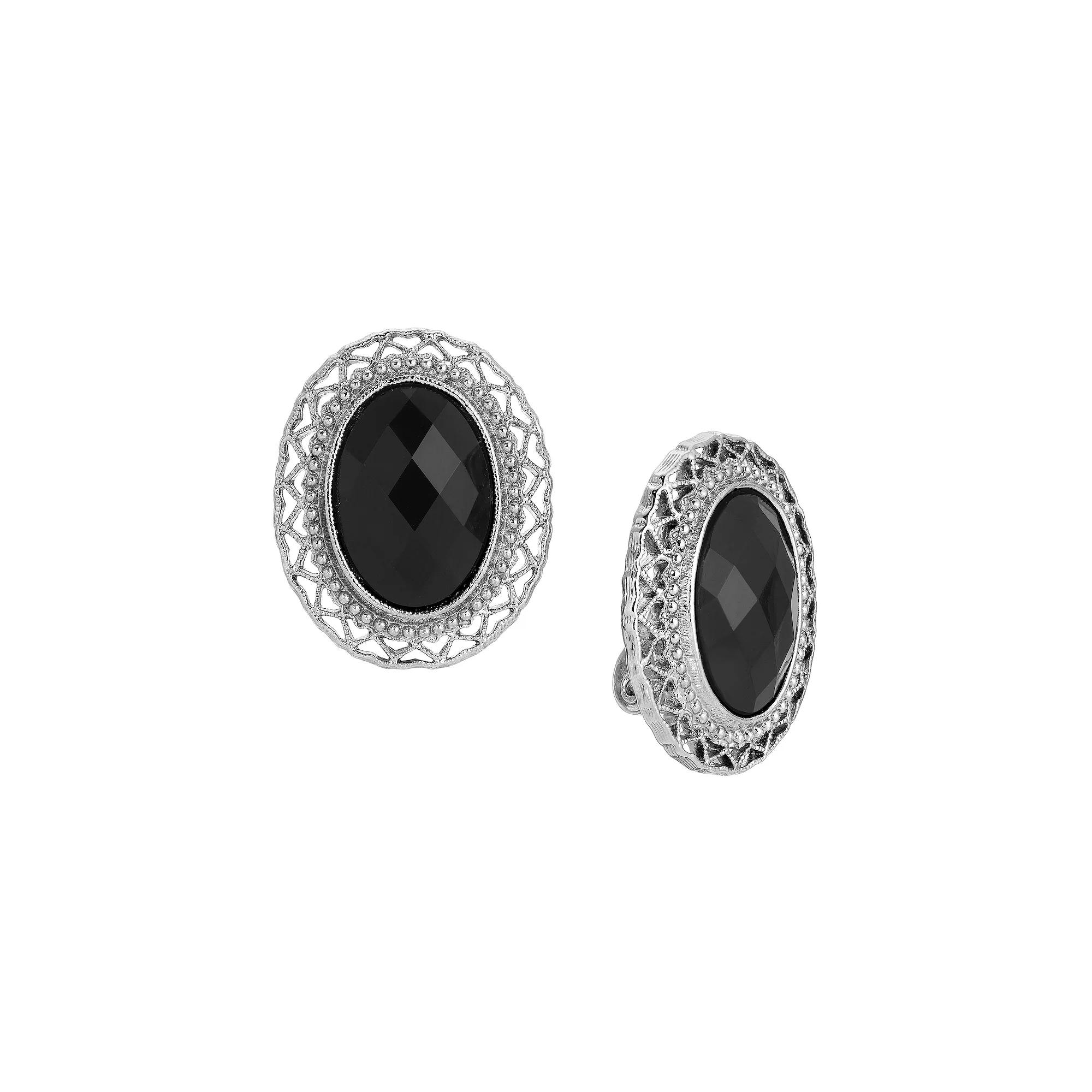 1928 Silver Tone Acrylic Oval Black Clip On Earrings, Womens Product Image