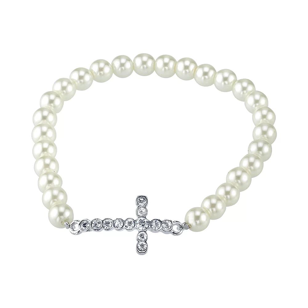 1928 Crystal & Simulated Pearl Stretch Bracelet, Womens, Silver Tone Product Image