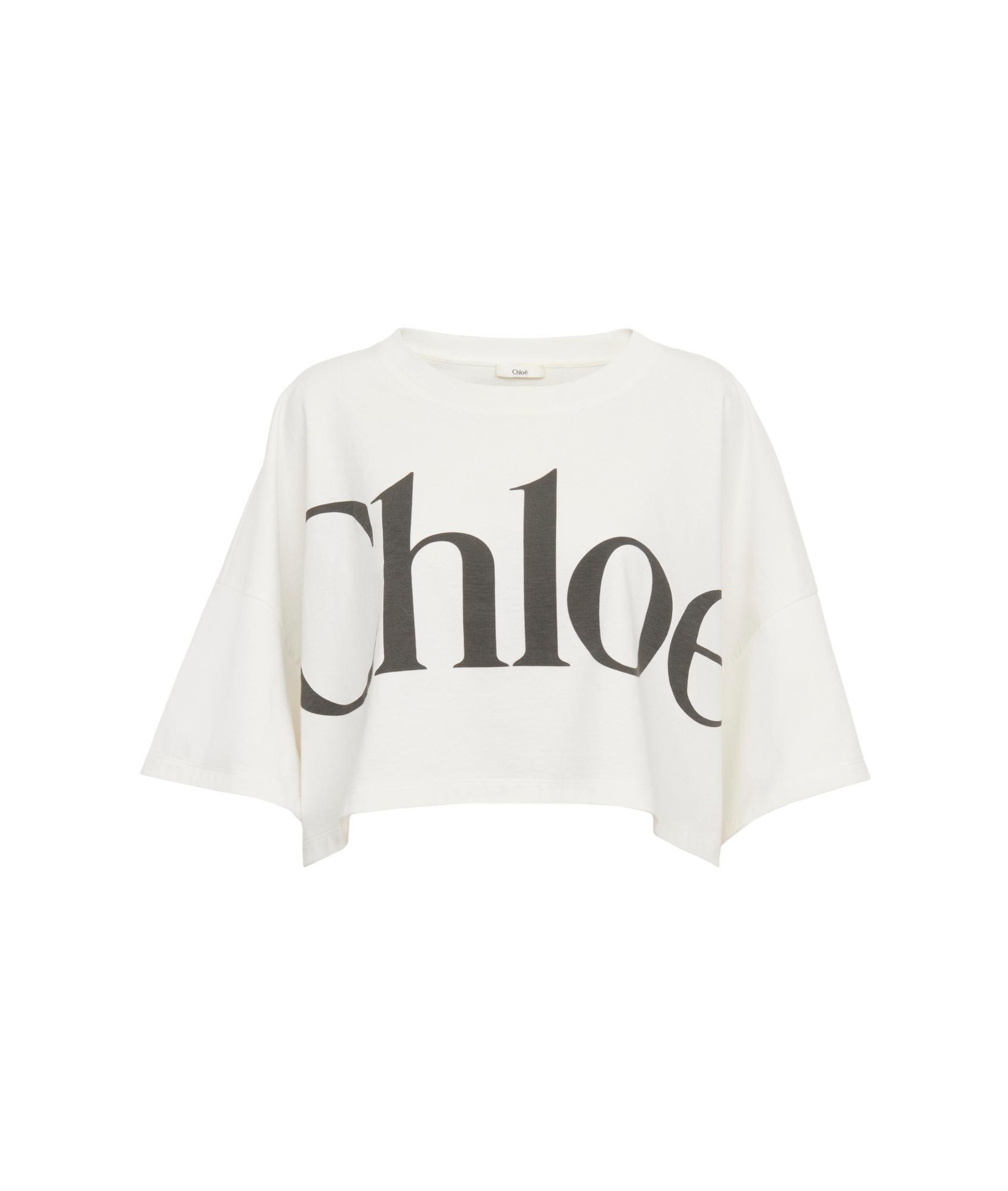 CHLOÉ White Cropped Crewneck T-shirt With Maxi Logo Print On The Front In Cotton Woman In Multicolor Product Image