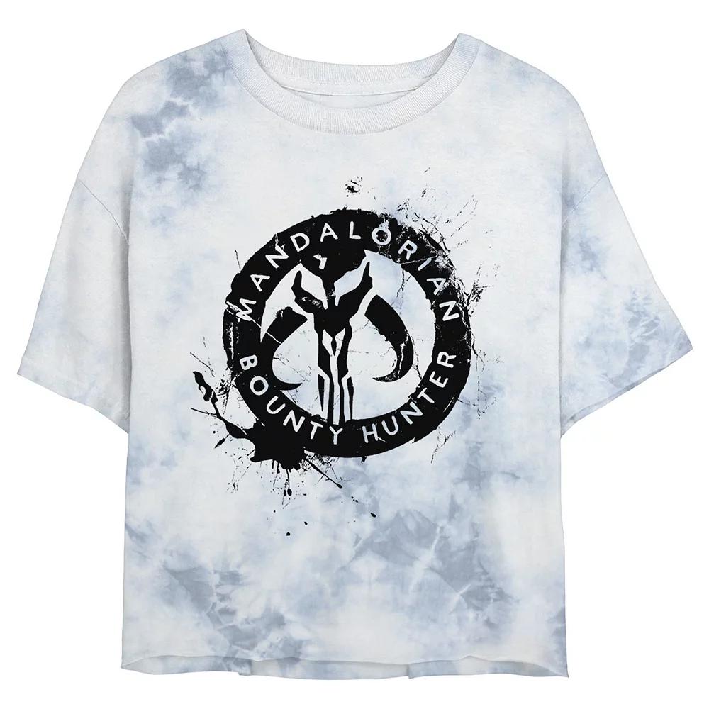 Juniors' Star Wars: The Mandalorian Paint Splatter Emblem Wash Crop Tee, Women's, Size: Large, White Blue Product Image