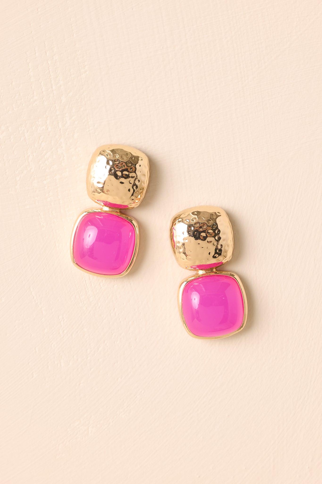 Blissful Days Pink Stone Gold Textured Drop Earrings Product Image