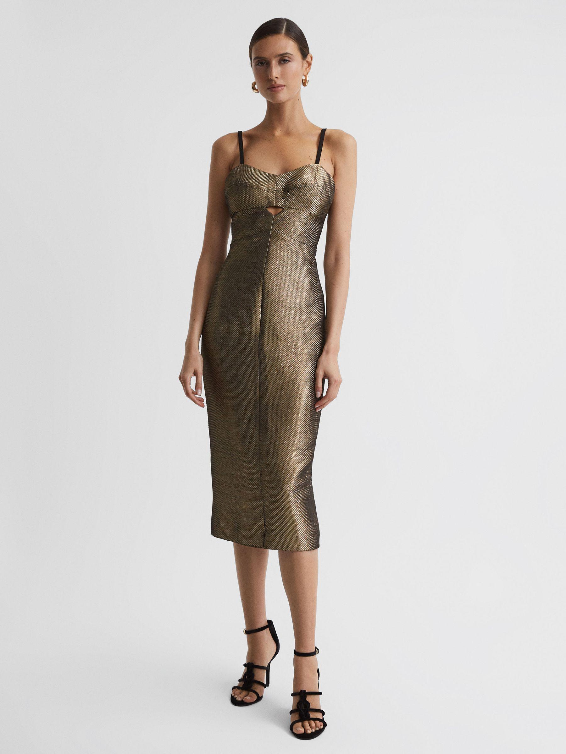 Metallic Bodycon Midi Dress in Gold Product Image
