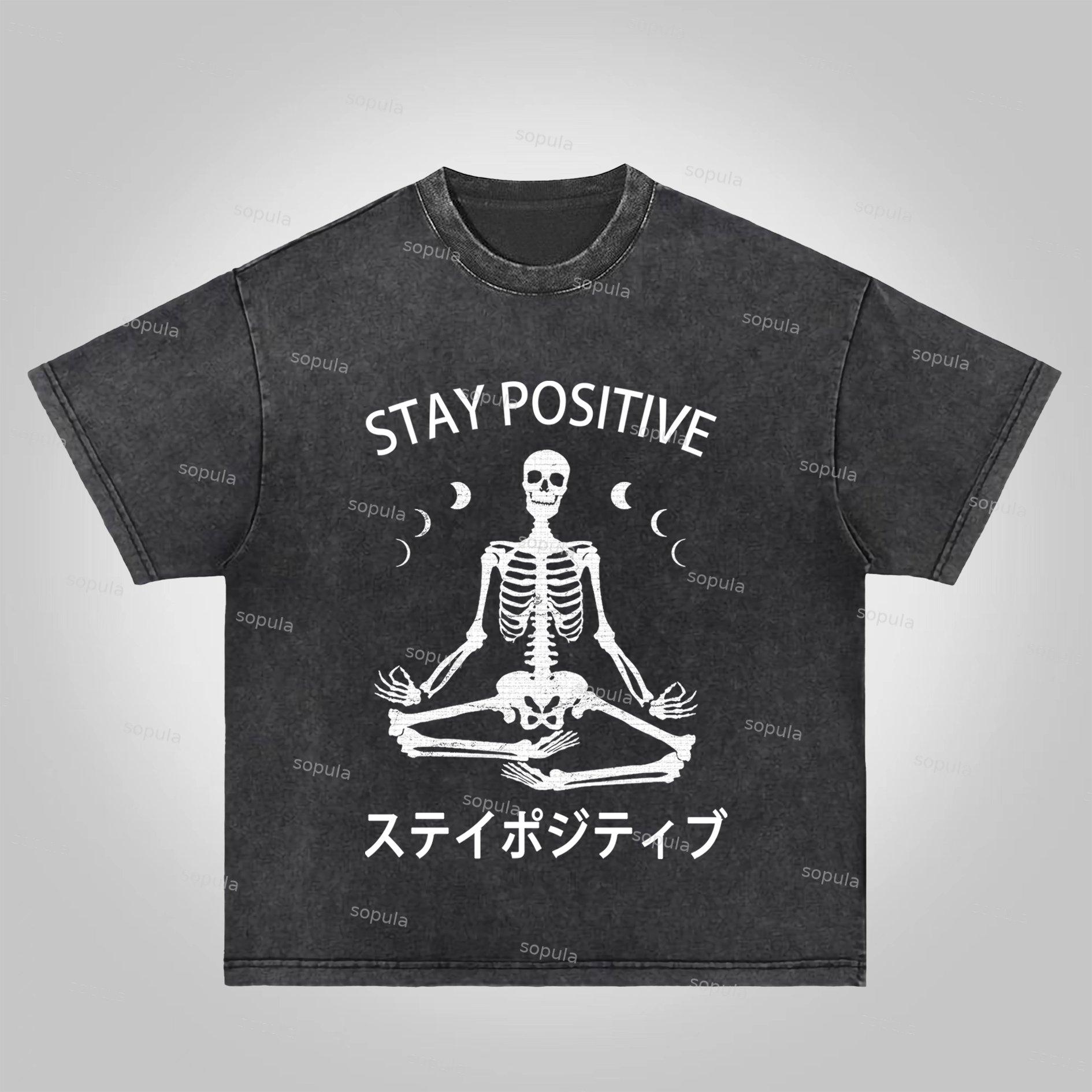 Sopula Stay Positive Skeleton Graphics Print Acid Washed T-Shirt Product Image
