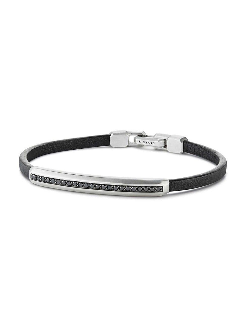 Mens Streamline ID Black Leather Bracelet With Pav Black Diamonds & Sterling Silver Product Image