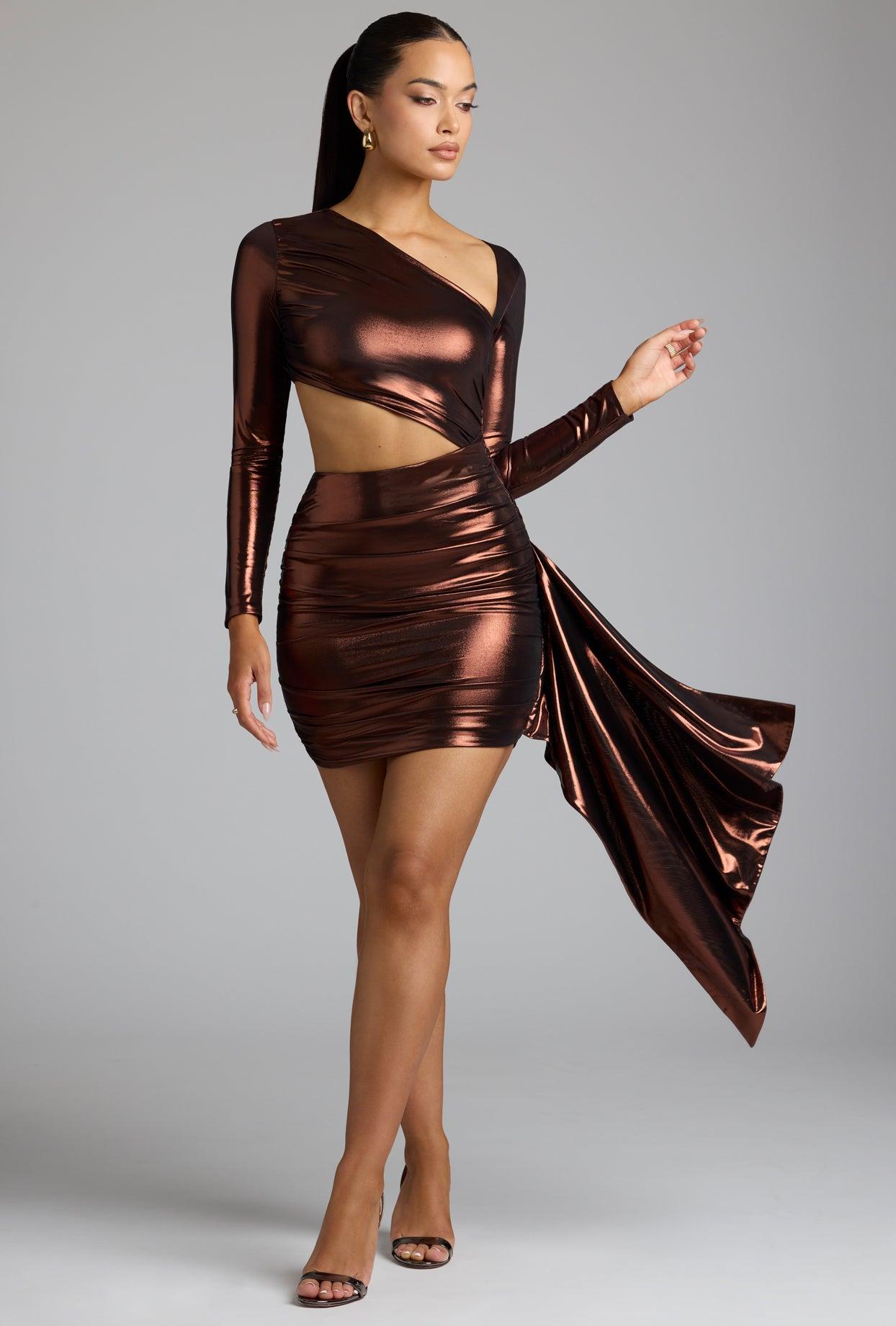 Cut Out Metallic Jersey Mini Dress in Copper Bronze Product Image