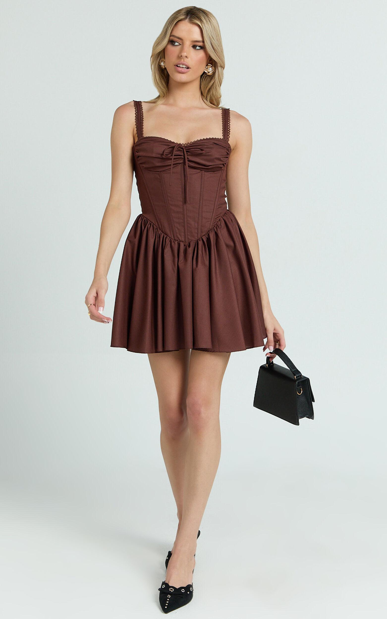Jonas Mini Dress - Corset Ruched Lace Trim Dress in Chocolate Product Image