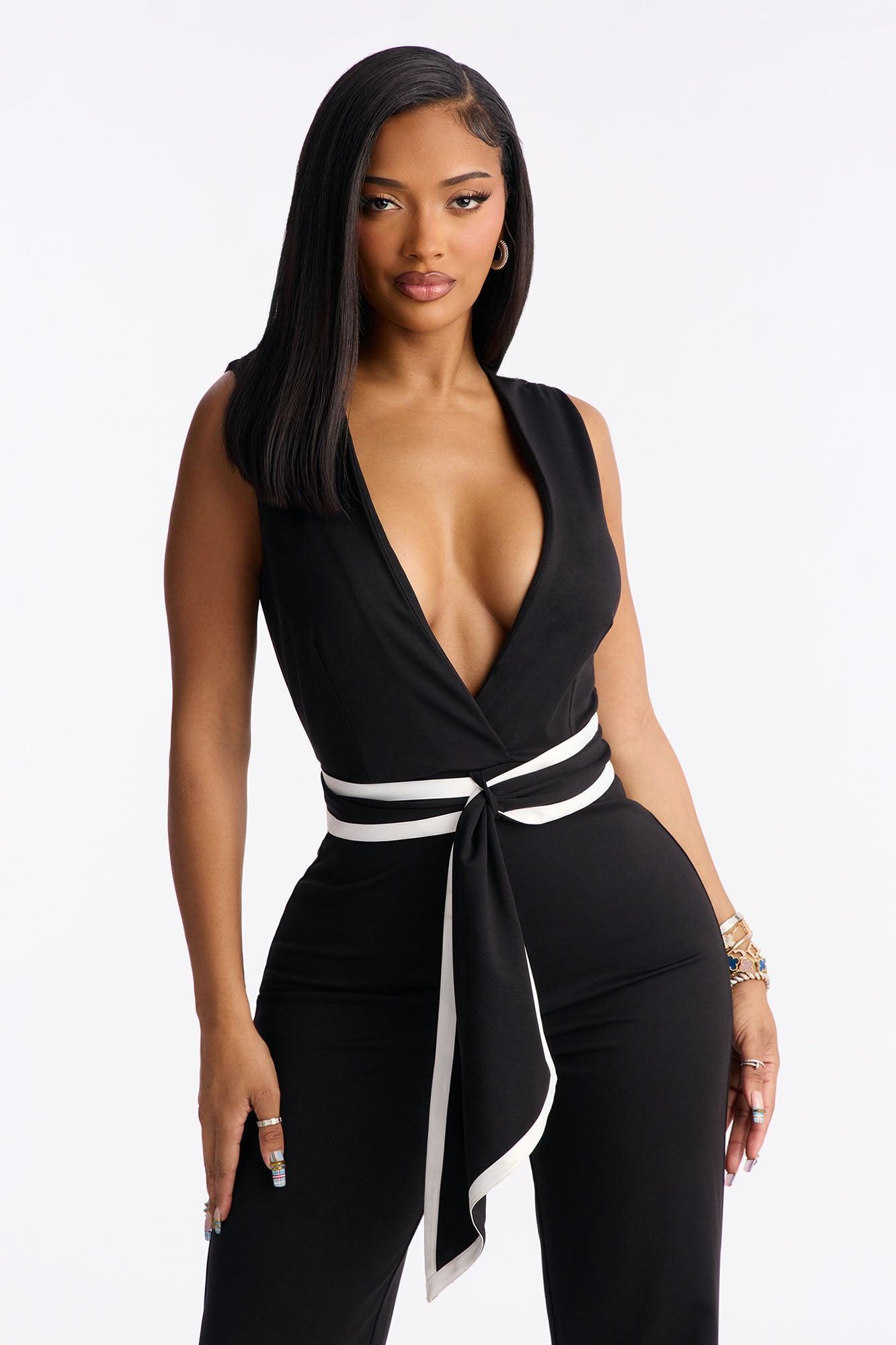 Talia Deep V Tie Waist Jumpsuit - Black Female Product Image