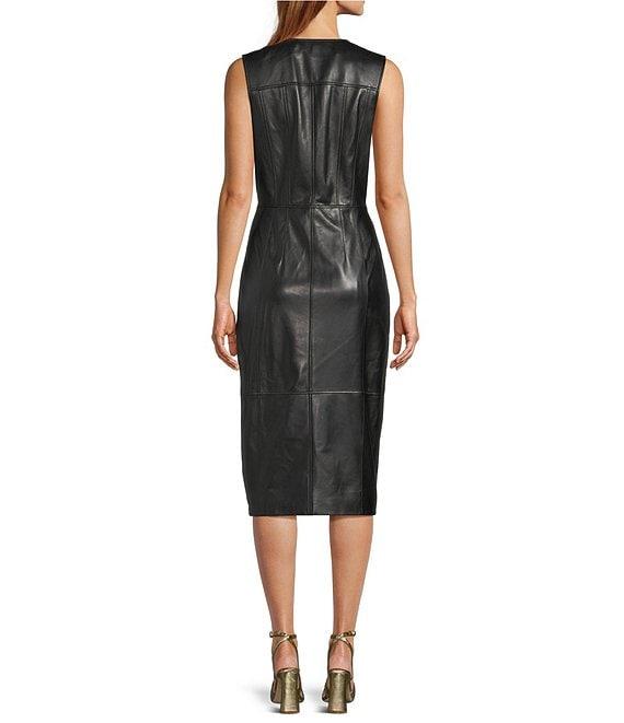 Antonio Melani Melanie Genuine Leather Sleeveless Button Front Sheath Midi Dress Product Image