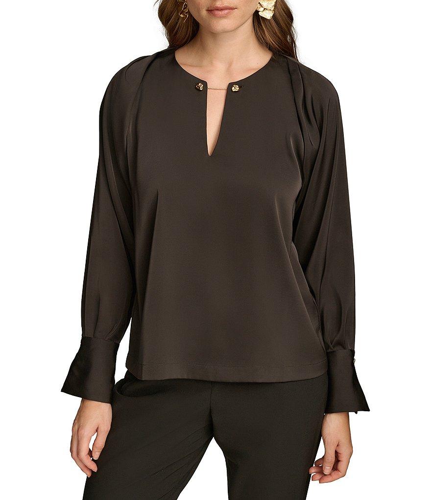 Donna Karan Chain Hardware Split-V Neck Long Sleeve Blouse Product Image