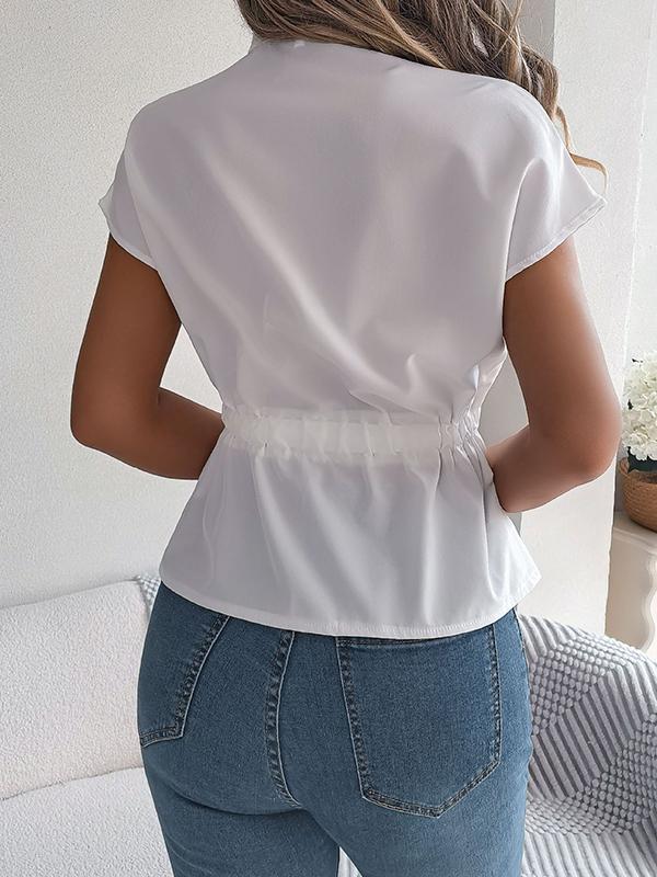 Loose Short Sleeves Drawstring Split-Joint Round-Neck Blouses&Shirts Tops Product Image