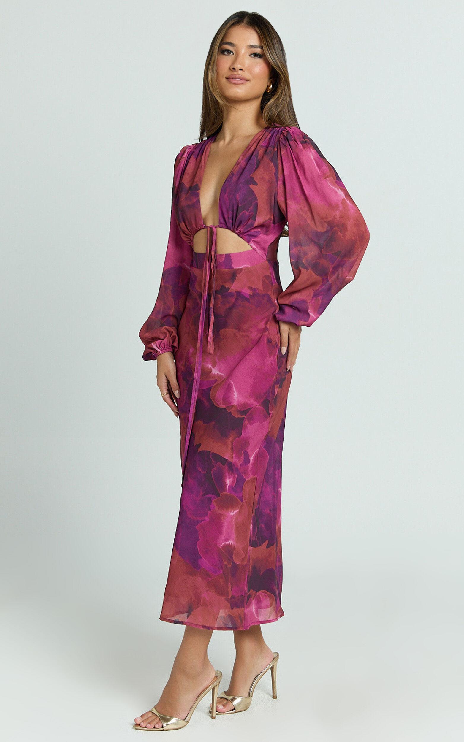 Artola Midi Dress - Front Cut Out Long Sleeve Dress in Blurred Dreams Product Image