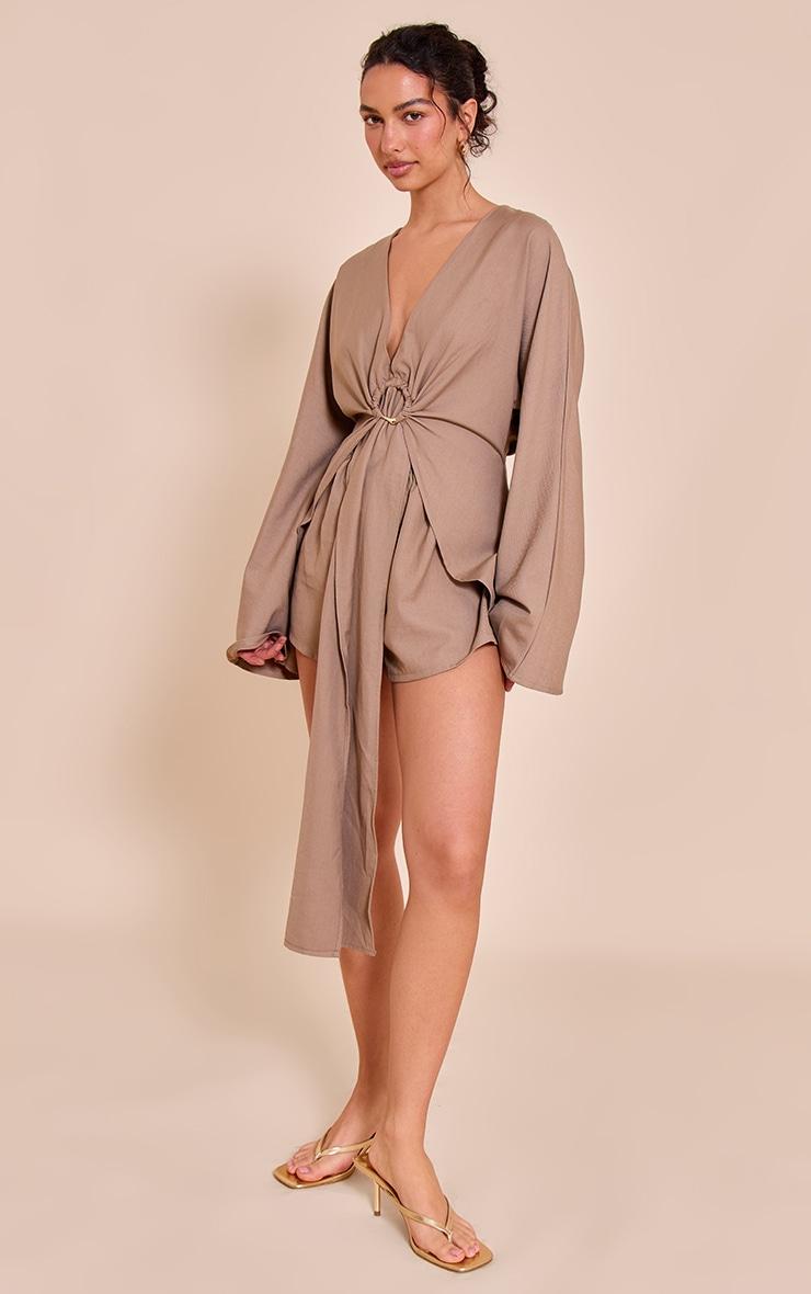 Mushroom Woven Trim Detail Plunge Drape Romper Product Image
