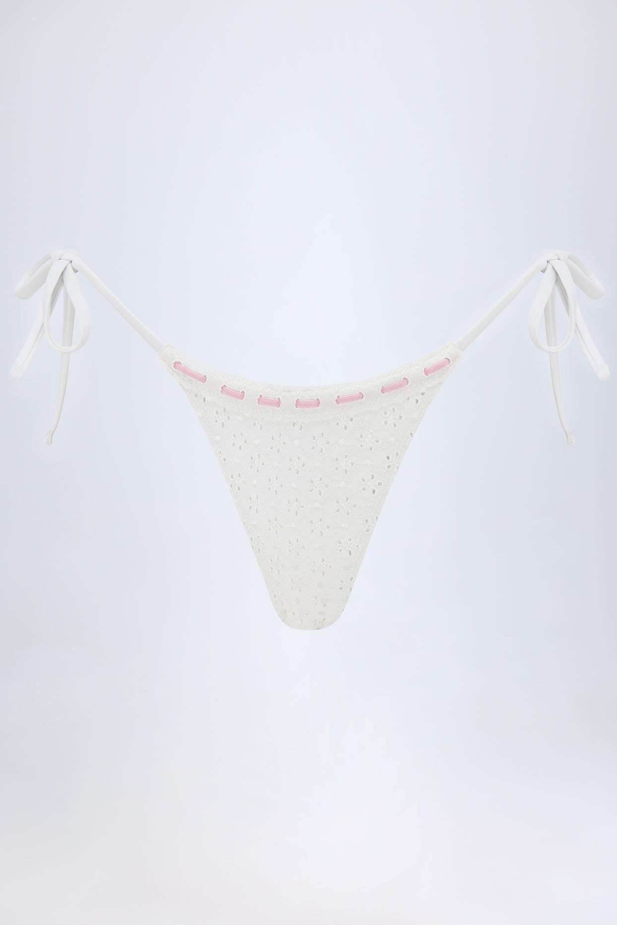 Broderie Anglaise Side-Tie Thong Bikini Bottoms in White Product Image