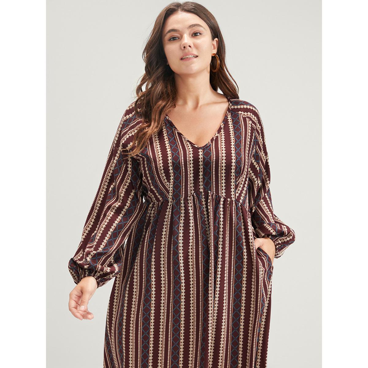 Plus Size Striped V Neck Lantern Sleeve Pocket Knee Dress Burgundy Women Vacation Pocket V-neck Long Sleeve Curvy Knee Dress BloomChic 26/4X Product Image