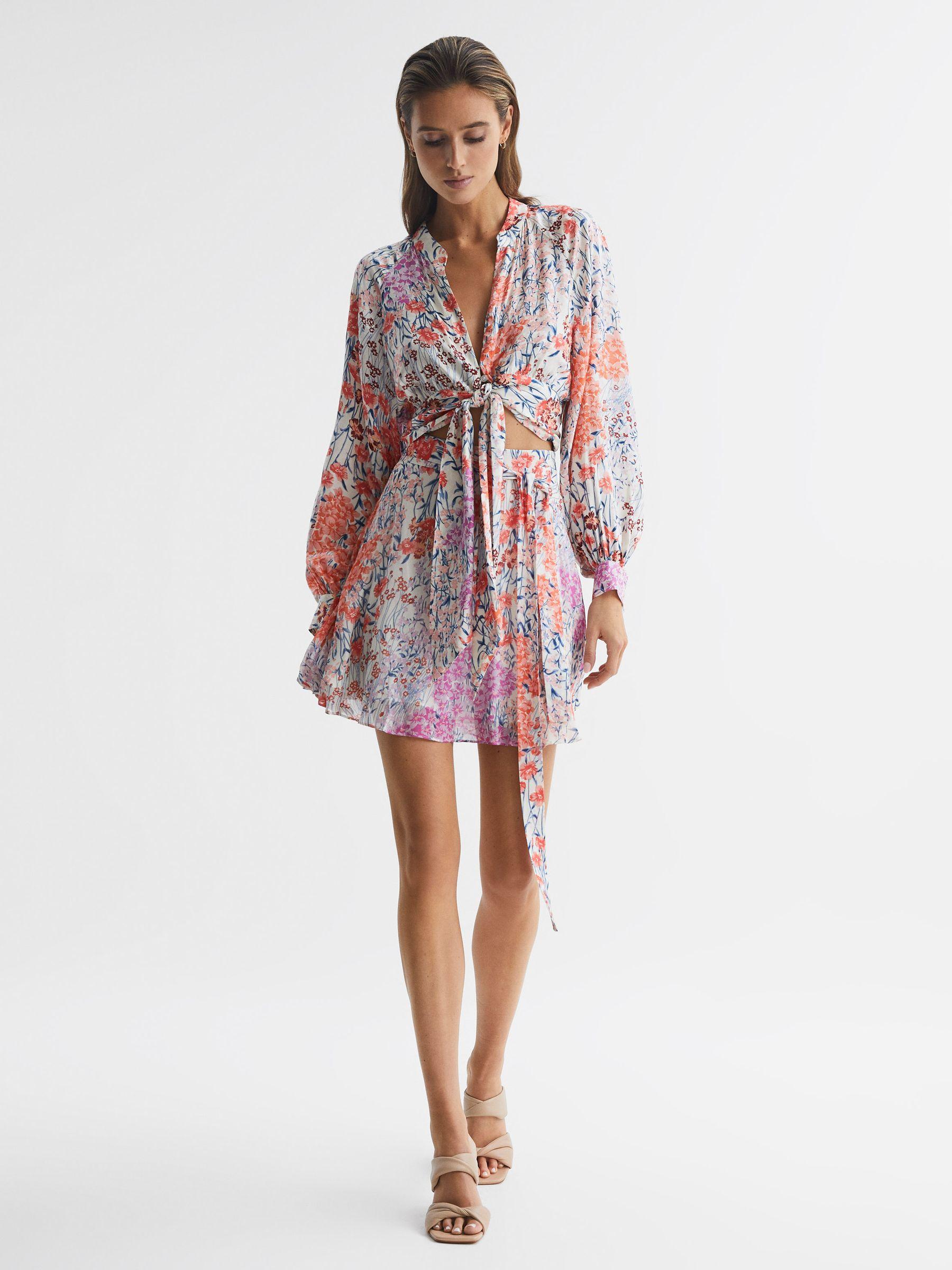 Floral Print High Rise Mini Skirt in Coral/White Product Image