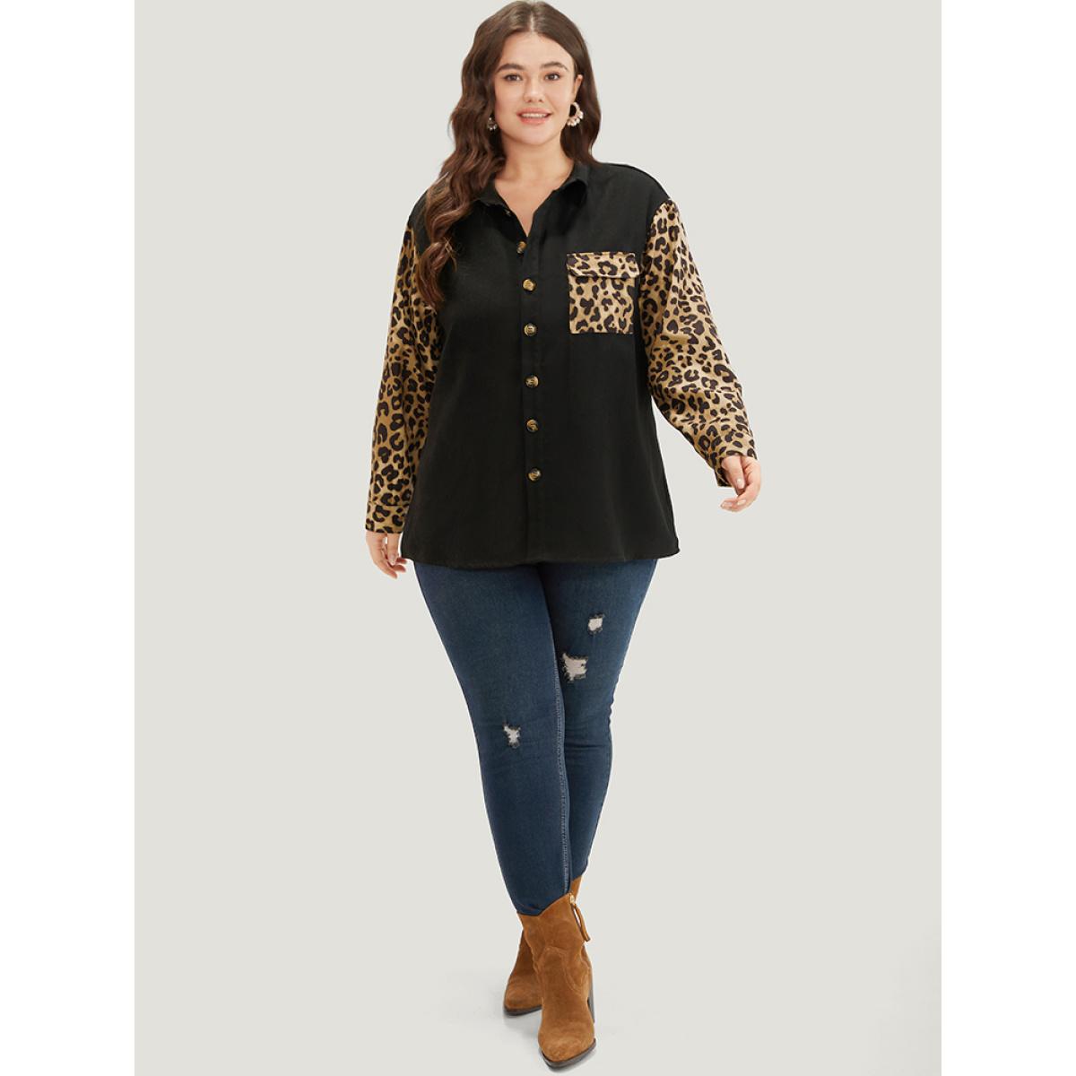 Plus Size Leopard Patchwork Contrast Button Up Coat Women Black Contrast Pocket Dailywear Jackets BloomChic 22-24/3X Product Image