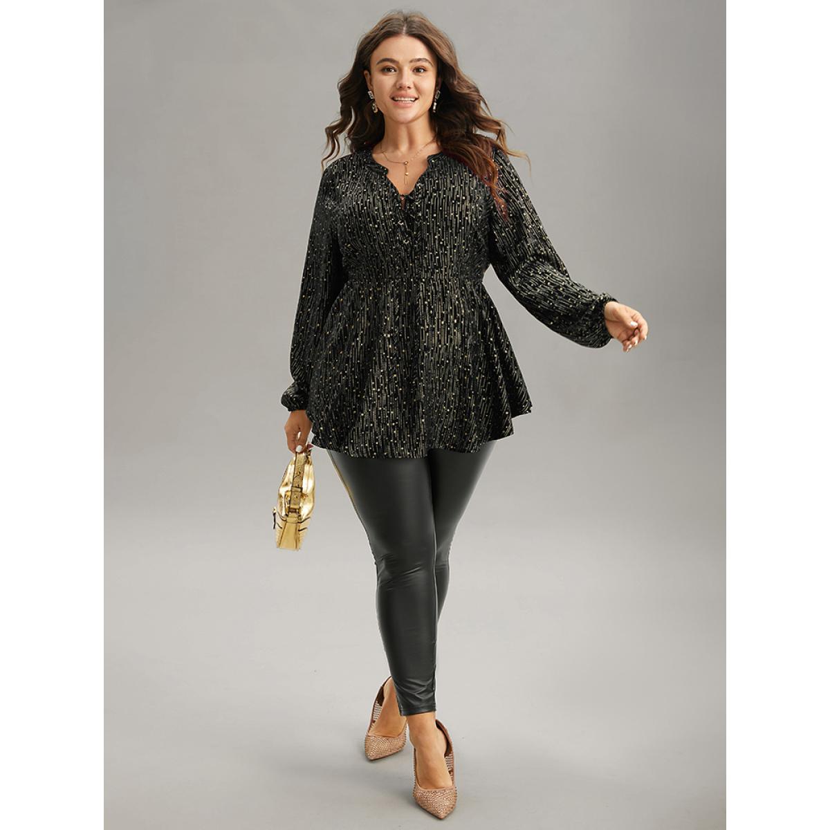 Plus Size Black Glitter Lantern Sleeve Elastic Waist Lace Up Blouse Women Party&Cocktail Long Sleeve Tie Neck Party Blouses BloomChic 22-24/3X Product Image