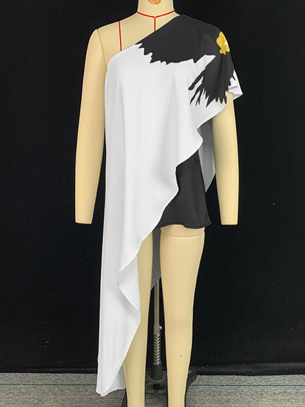 Loose Sleeveless Asymmetric Flower Print One-Shoulder Blouses&Shirts Tops Product Image