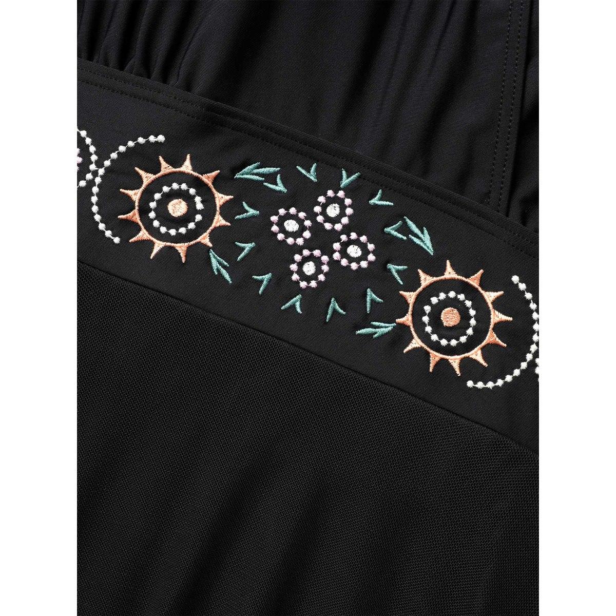 Plus Size Embroidered Ruffle Hem One-Piece Swimsuit Women's Swimwear Black Beach Bodycon Overlap Collar High stretch Curve Swim Dresses BloomChic 12/L Product Image