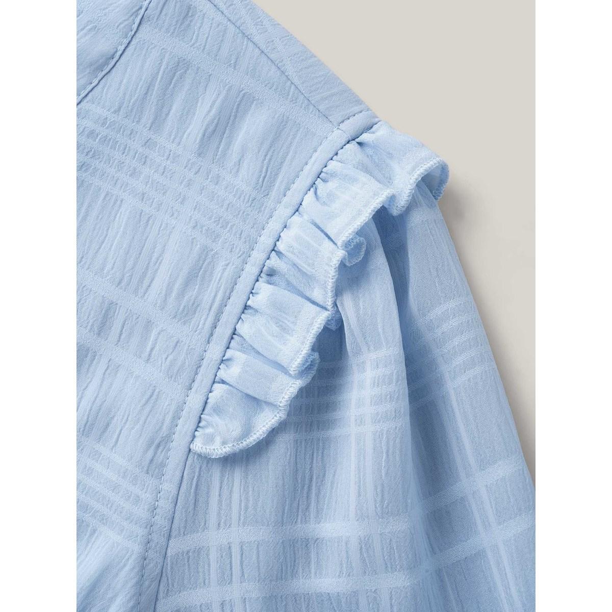 Plus Size LightBlue Checked Texture Jacquard Notched Collar Blouse Women Short sleeve Notched collar Elegant Blouses BloomChic 22-24/3X Product Image
