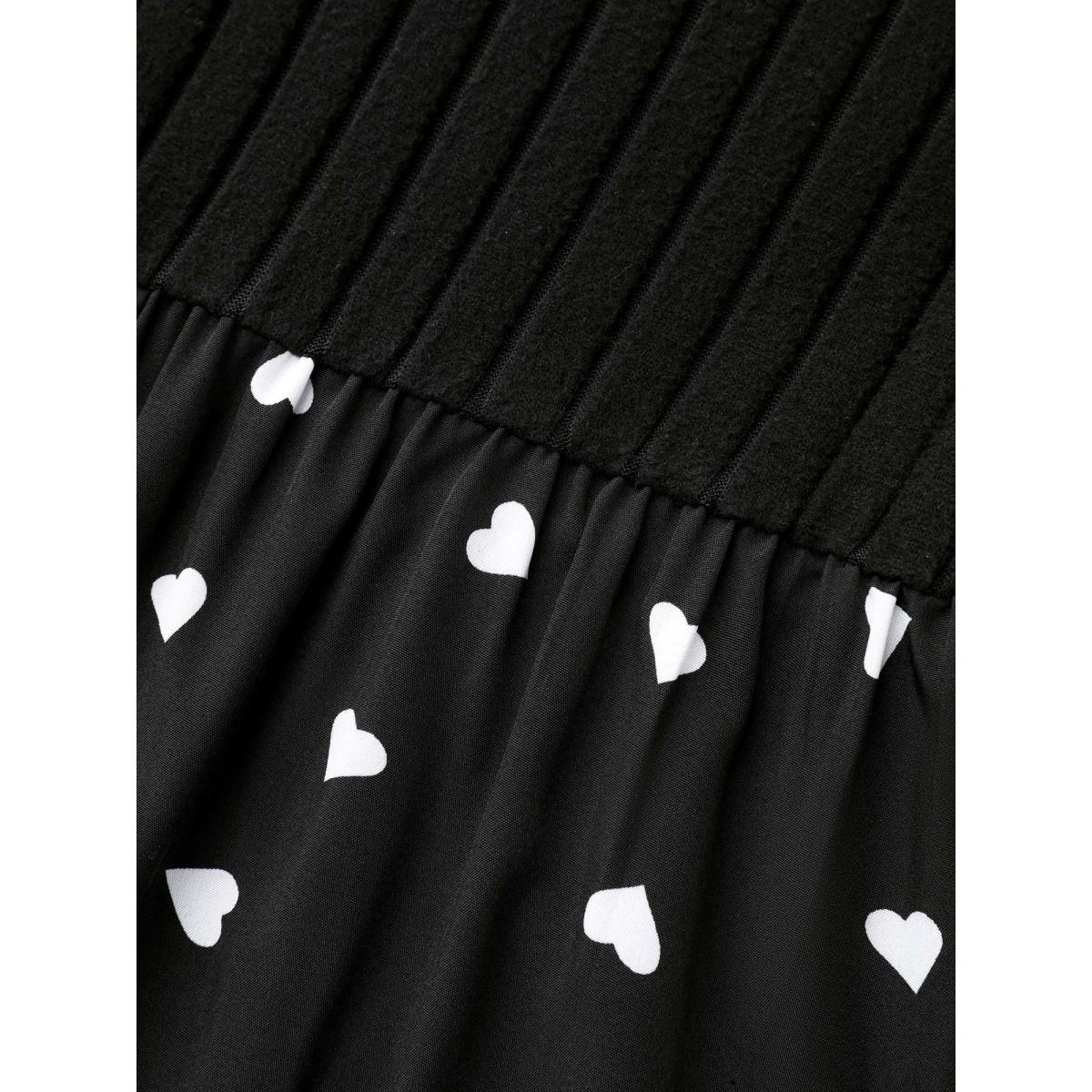 Plus Size Peter Pan Collar Heart Print Patchwork Dress Black Women Resort Texture Knit Dresses Bloomchic 18-20/2X Product Image