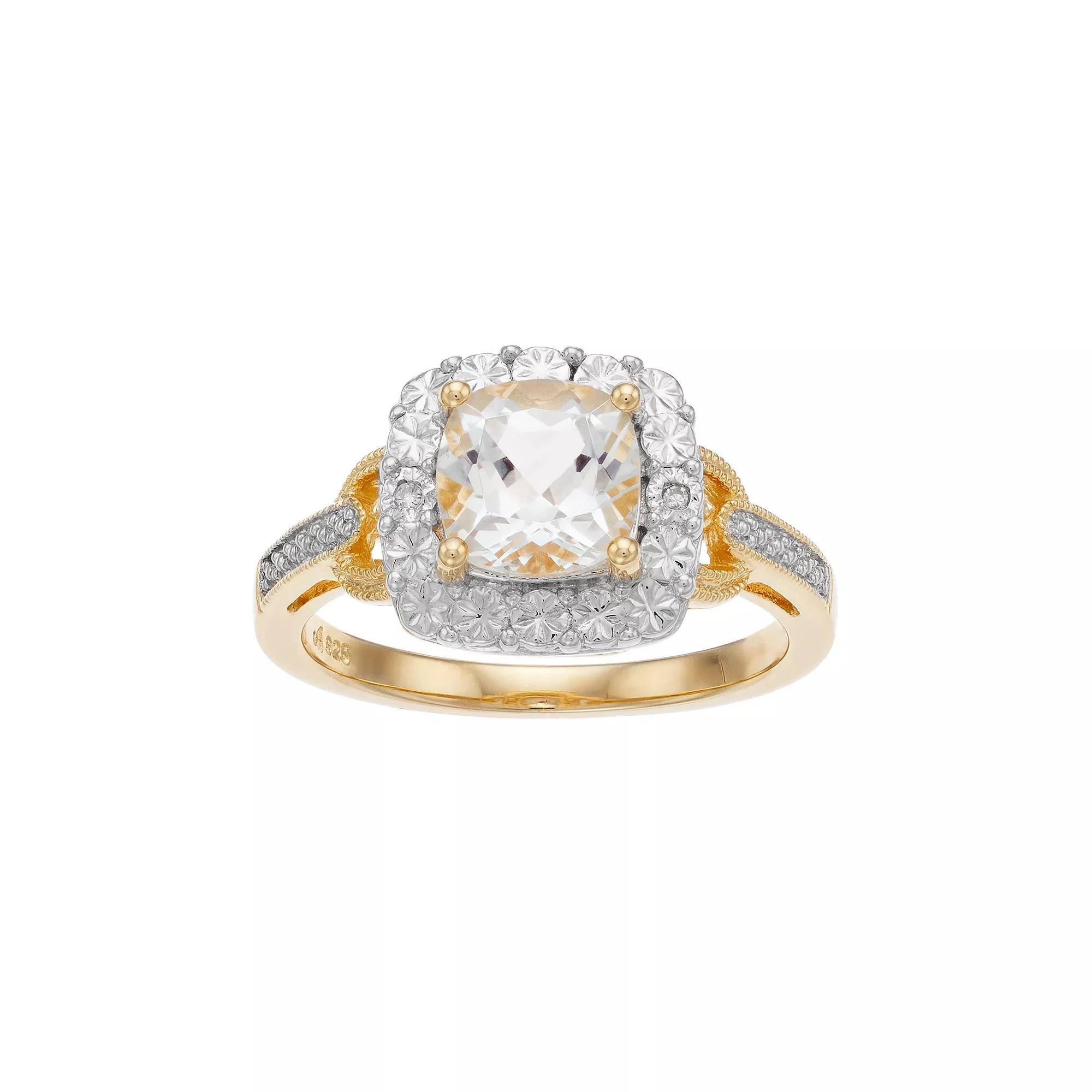 White Topaz & Diamond Accent 14k Gold-Plated Silver Square Halo Ring, Women's, Size: 8, Gold Tone Product Image