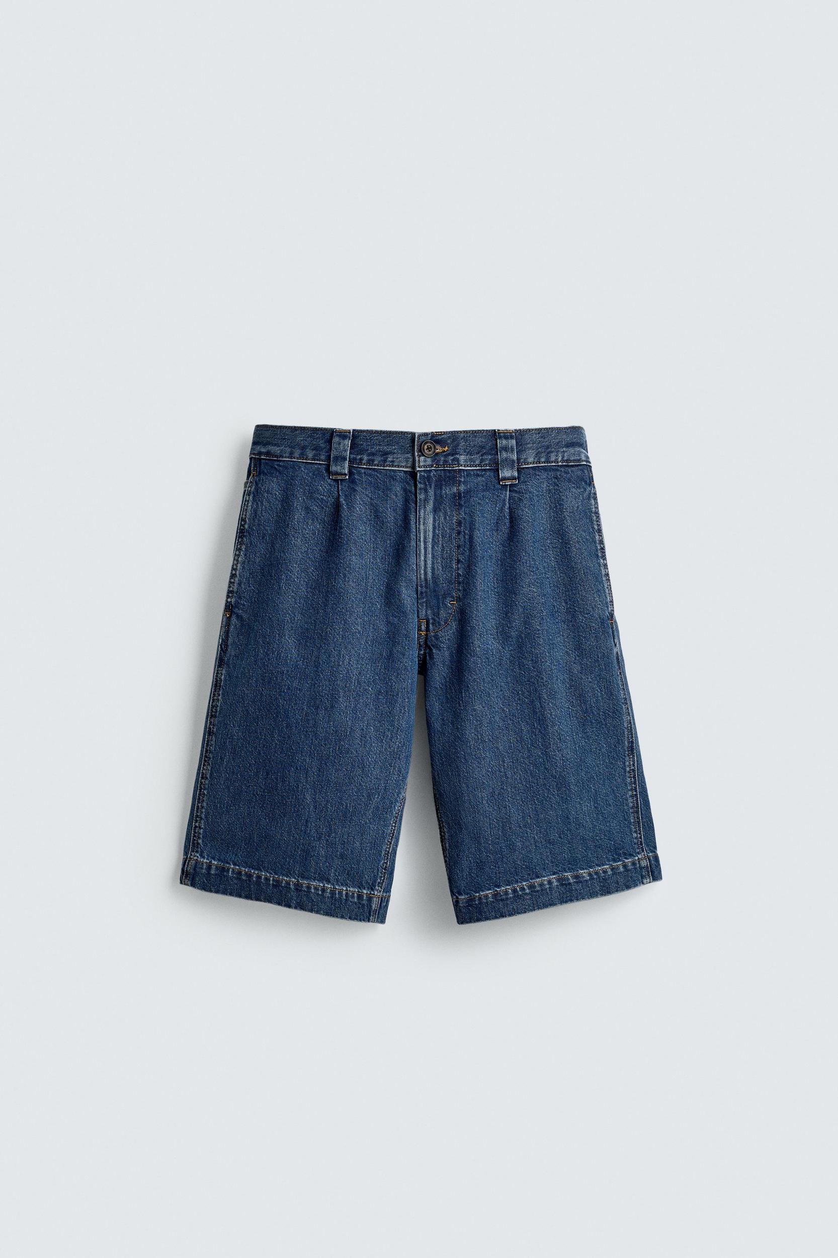 PLEATED RELAXED FIT DENIM SHORTS Product Image