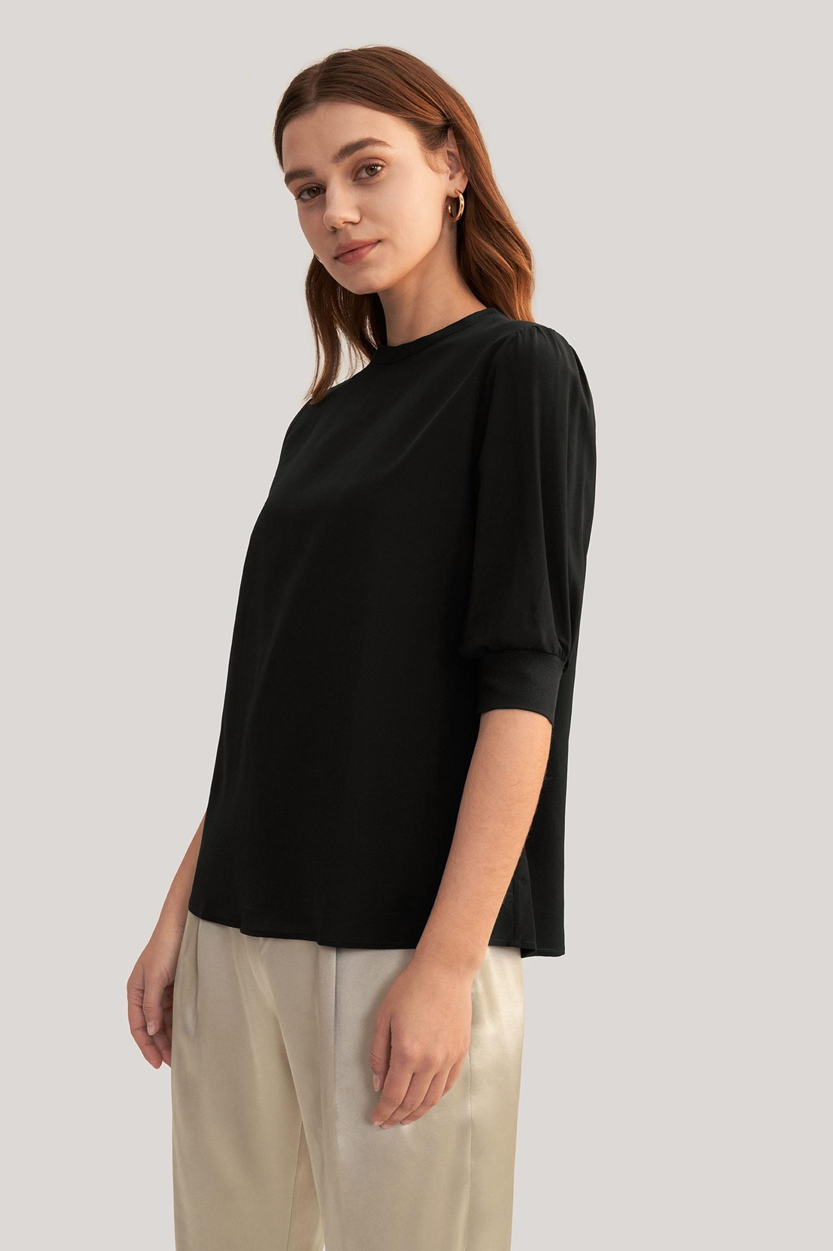 Elegant Casual Silk Tee With Rib Cuff Product Image
