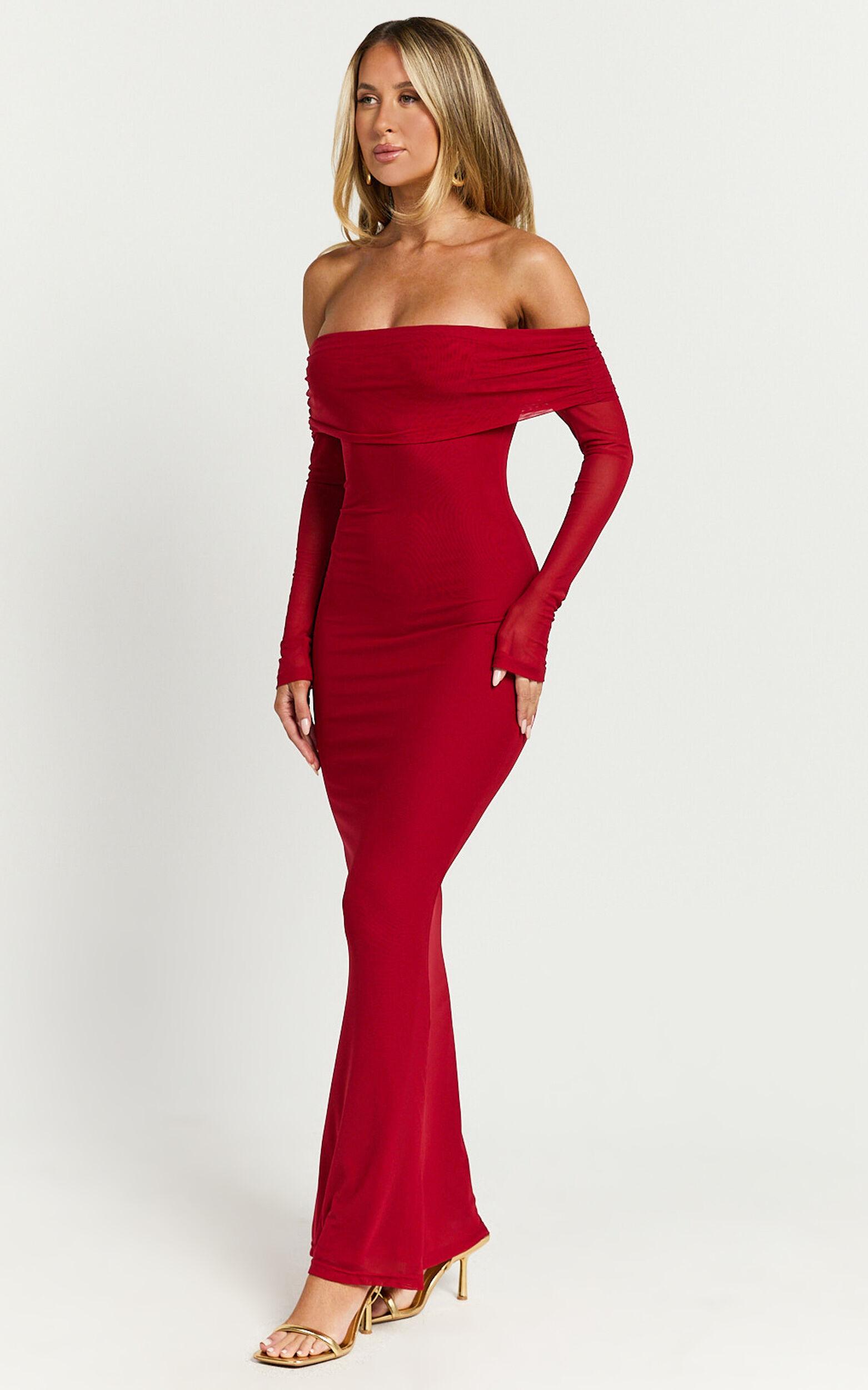 Bethanie Maxi Dress - Off The Shoulder Mesh Dress in Red Product Image
