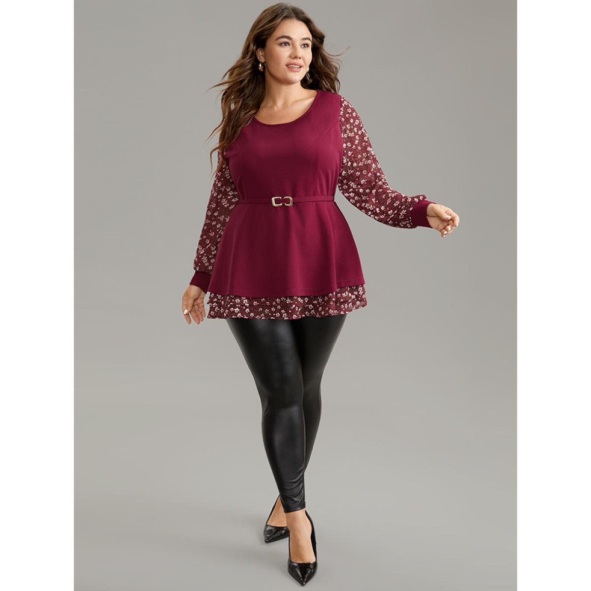 Plus Size Scarlet Ditsy Floral Patchwork Layered Metal Buckle Detail Blouse Women Elegant Long Sleeve Round Neck Office Blouses BloomChic 26/4X Product Image