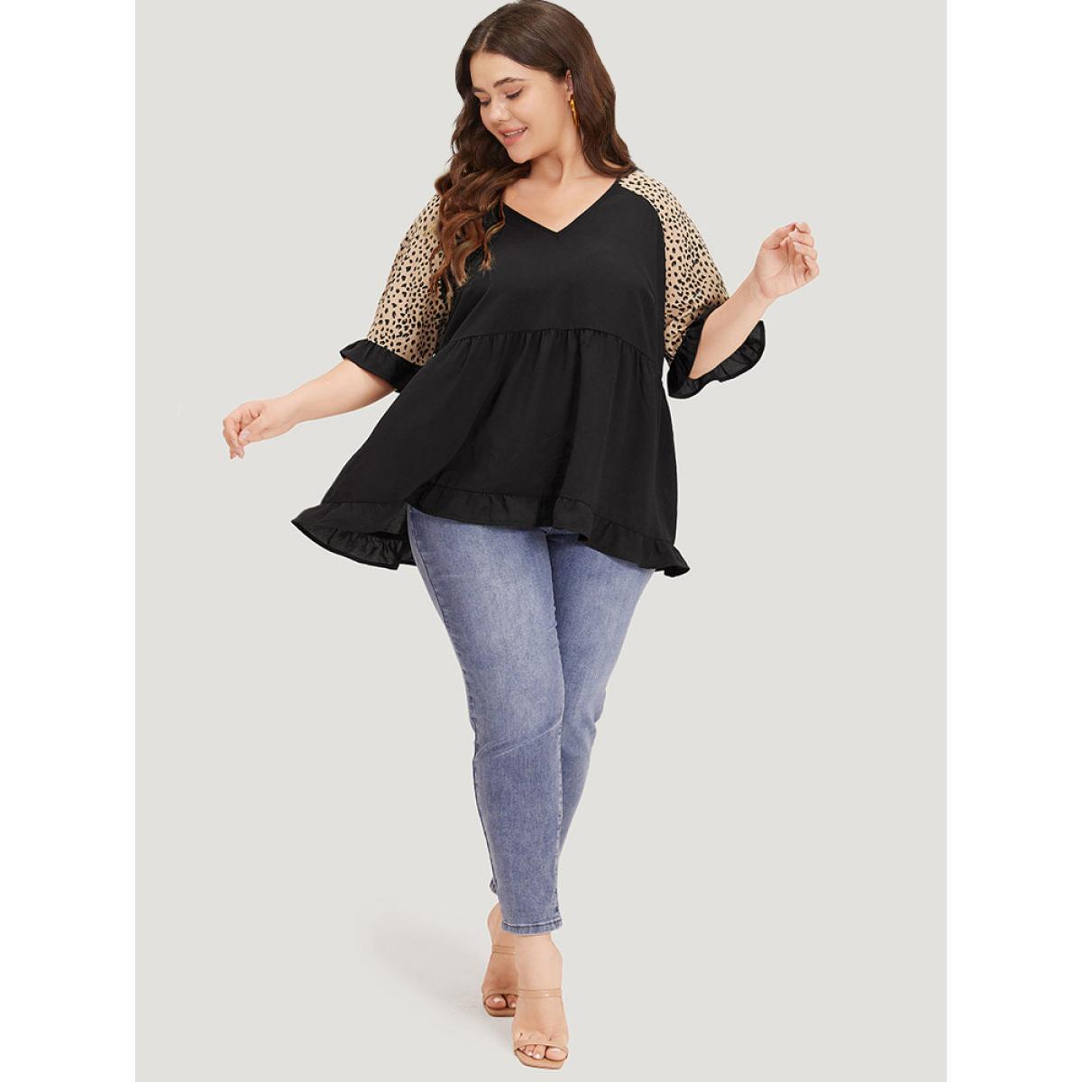 Plus Size Multicolor Leopard Print Raglan Sleeve Gathered Ruffle Trim Blouse Women Elegant Half Sleeve V-neck Dailywear Blouses BloomChic 18-20/2X Product Image