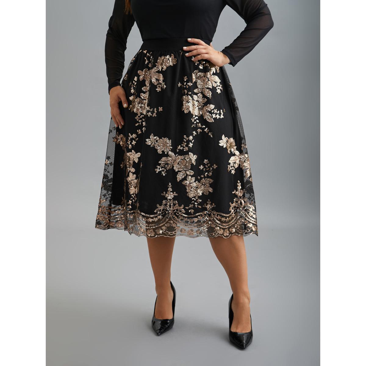 Plus Size Sequin Floral Stretchy Waist Skirt Women Black Cocktail No stretch Party Skirts BloomChic 26/4X Product Image