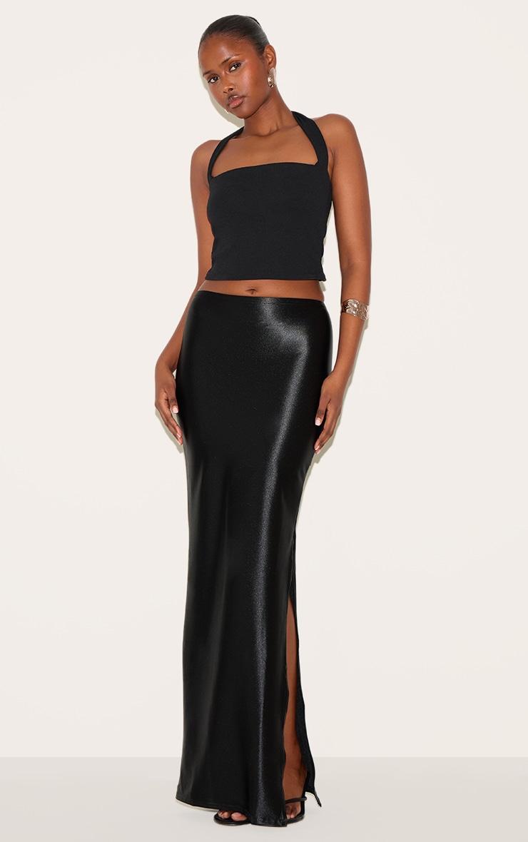 Black Stretch Satin Split Side Maxi Skirt Product Image