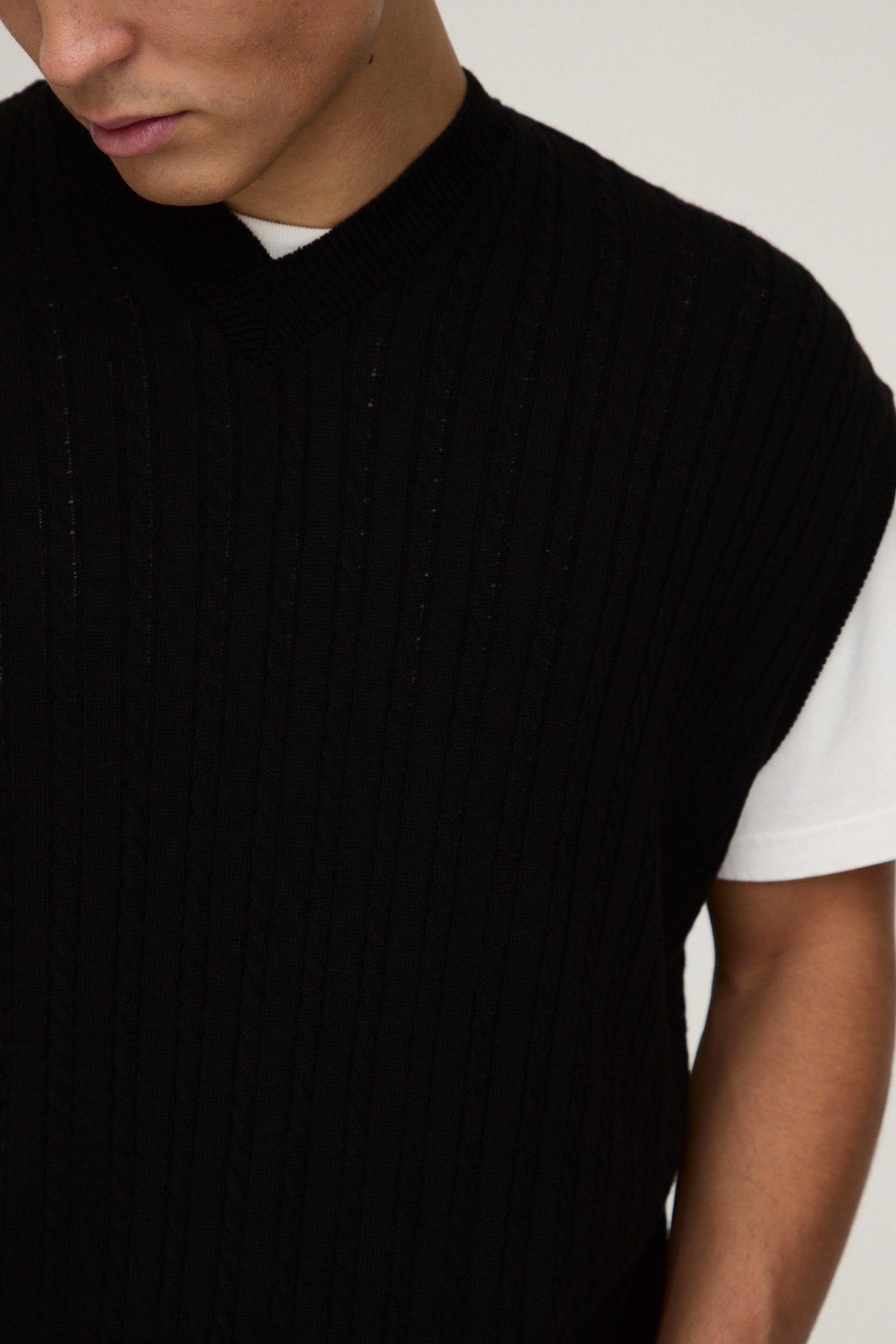Oversized V Neck Cable Knitted Undershirt | boohooMAN USA Product Image