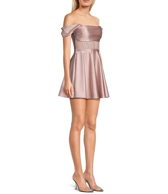 Honey and Rosie Glitter Knit Strapless Off-The-Shoulder Pleated Bodice Mesh Illusion Corset Dress Product Image