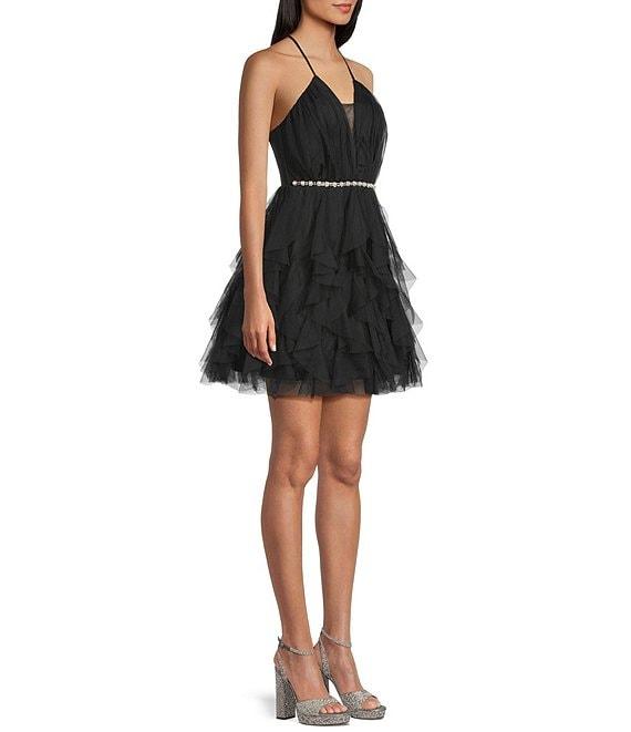 Pear Culture Mesh V-Illusion Halter Neck Pearl Trim Dress Product Image