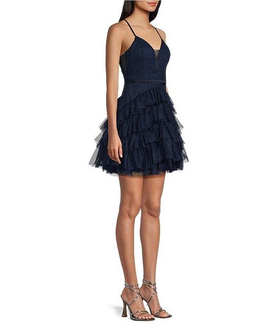 Pear Culture V-Neck Spaghetti Strap Tiered Lace-Up Dress Product Image