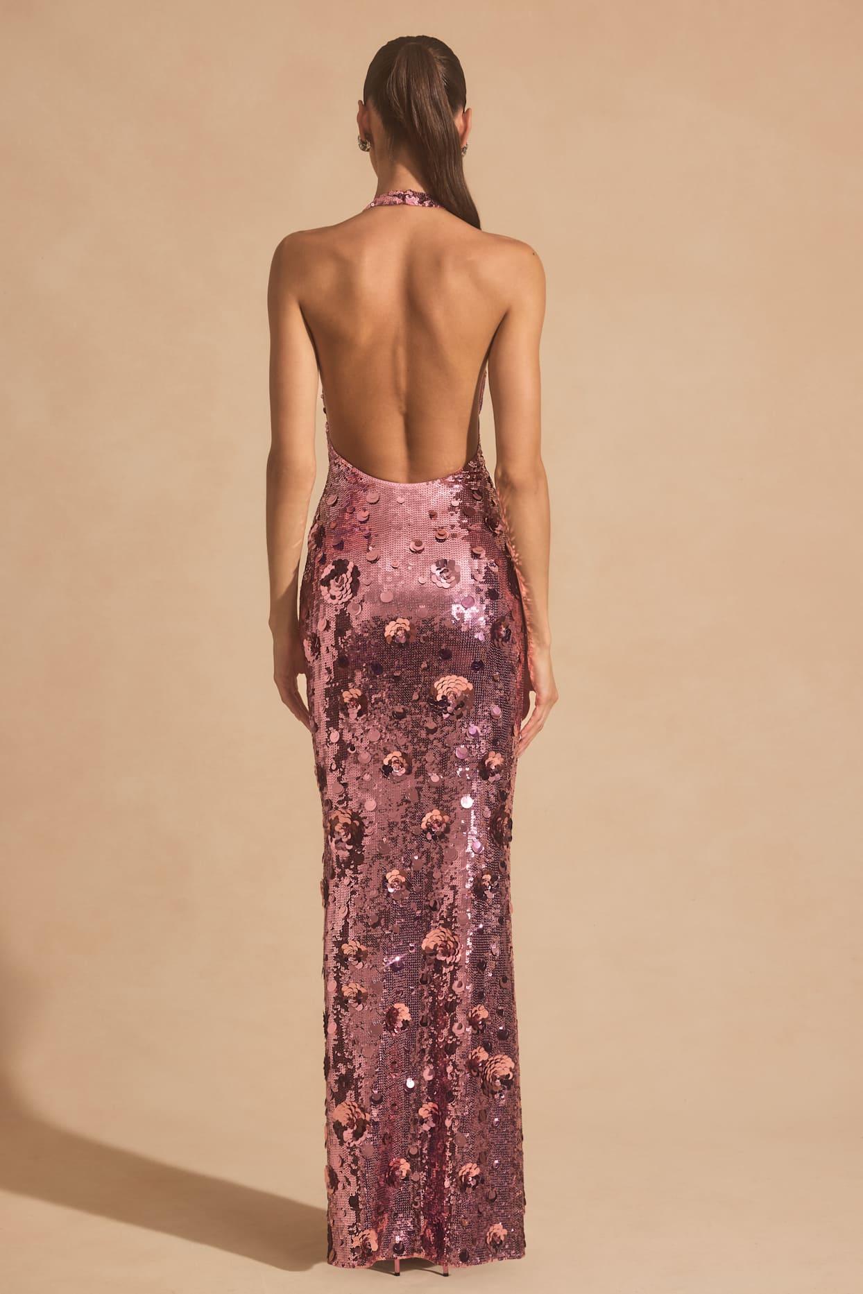 Sequin-Embellished Halterneck Maxi Dress in Pink Product Image