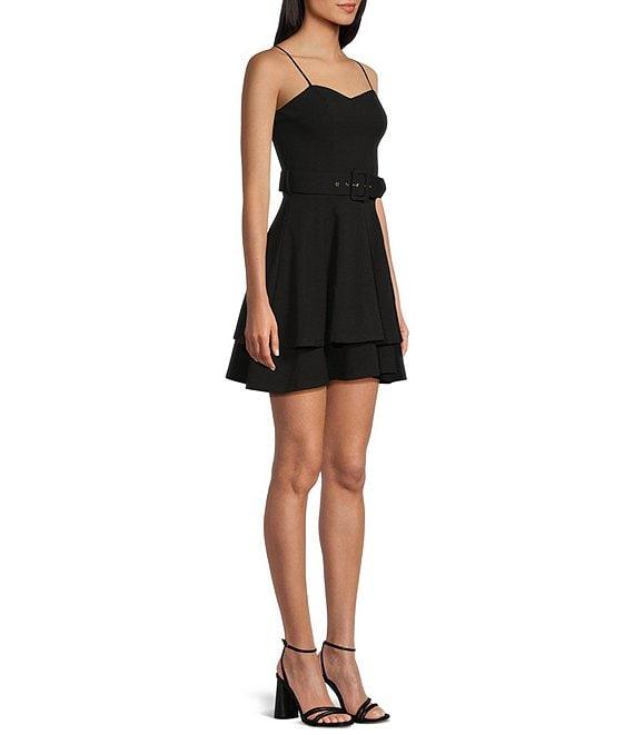 Honey and Rosie Sweetheart Neck Spaghetti Strap Belted Fit And Flare Double Layered Dress Product Image