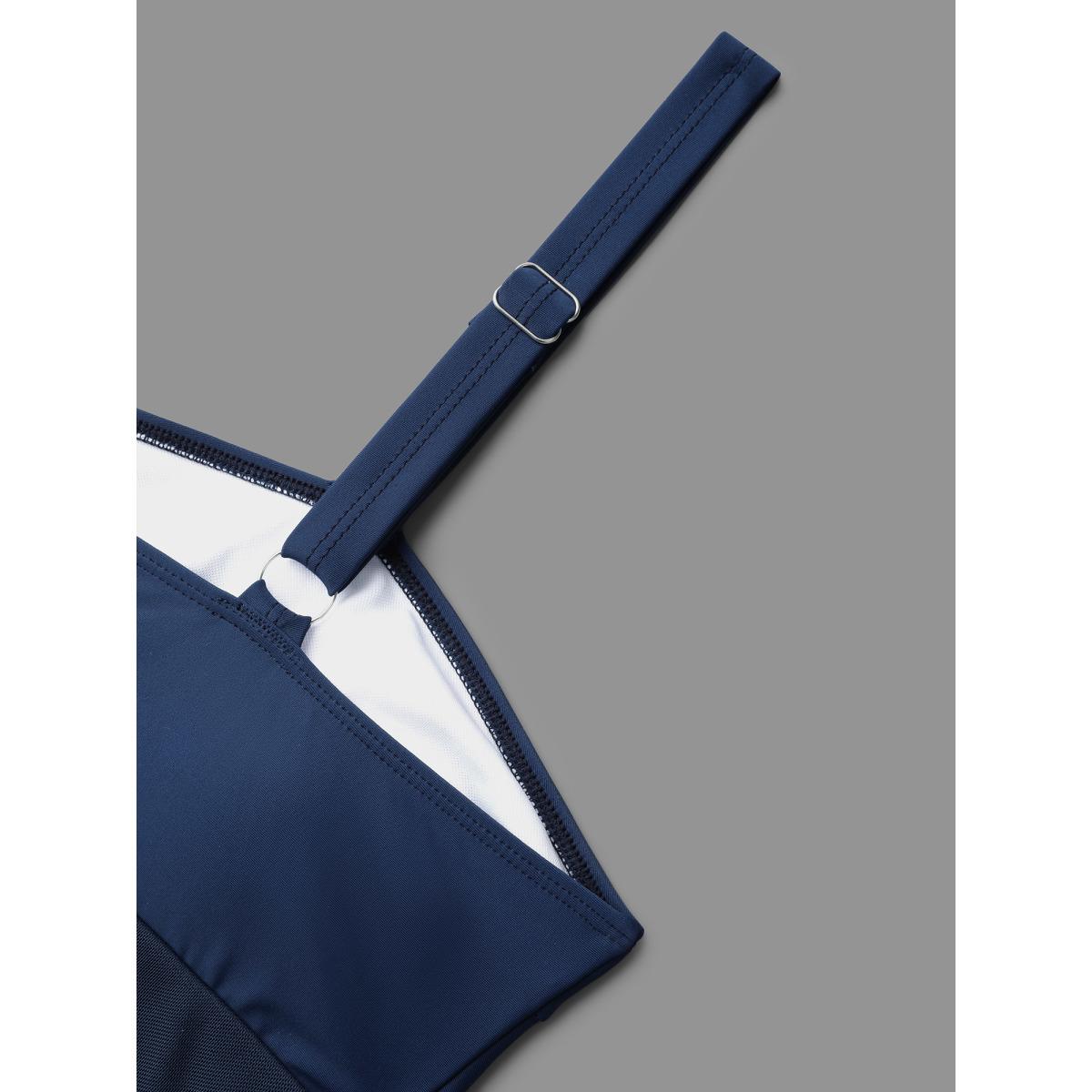 Plus Size Long Sleeve Mesh Ruffle Hem Swim Dress Women's Swimwear Mediumblue Beach Bodycon Overlap Collar High stretch Curve Swim Dresses BloomChic 28/5X Product Image