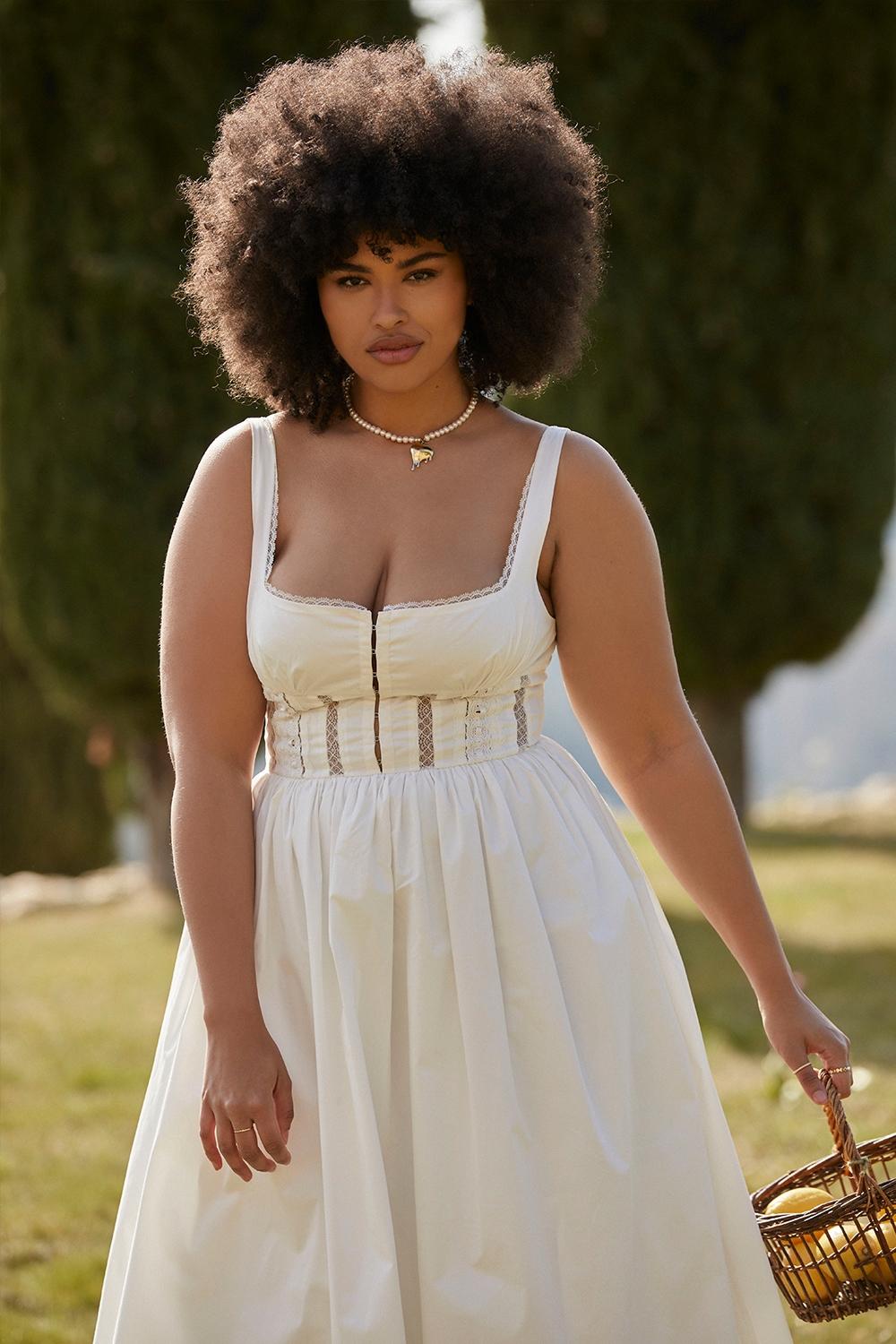 Perle  white lace trim midi dress Product Image