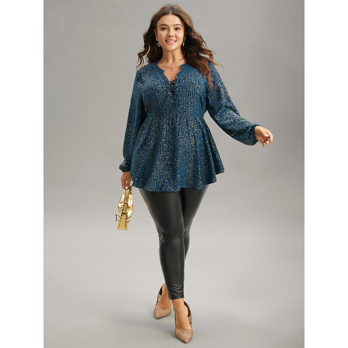 Plus Size Indigo Glitter Lantern Sleeve Elastic Waist Lace Up Blouse Women Cocktail Long Sleeve Tie Neck Party Blouses BloomChic 28/5X Product Image