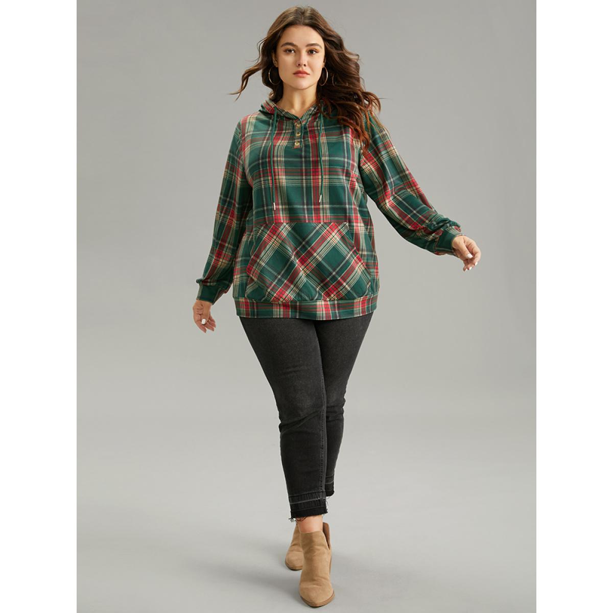 Plus Size Contrast Plaid Button Up Kangaroo Pocket Sweatshirt Women DarkGreen Casual Button Hooded Dailywear Sweatshirts BloomChic 14-16/1X Product Image