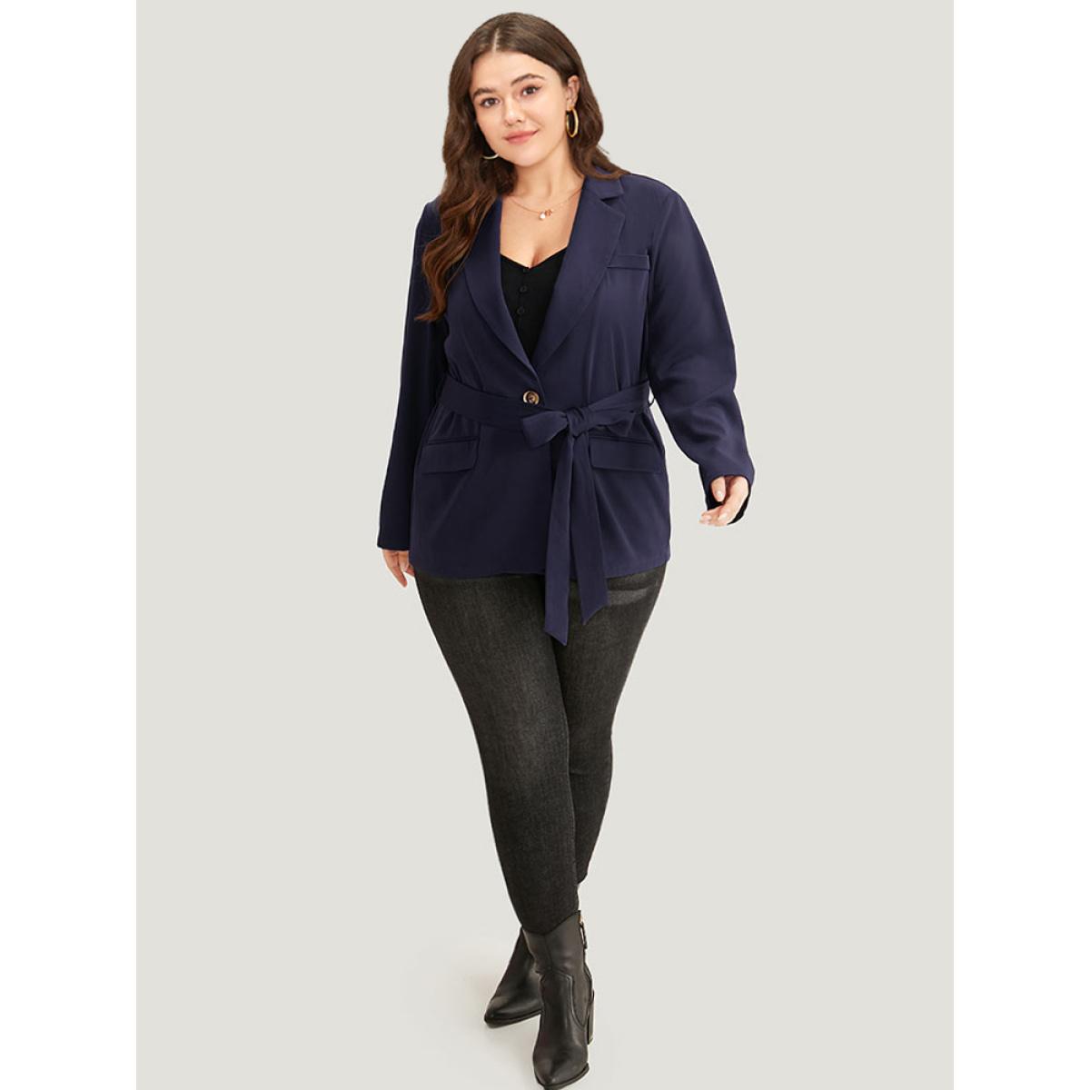 Plus Size Button Through Belted Blazer Indigo Women Dailywear Plain Plain Sleeve Long Sleeve Suit Collar 10/M Pocket Belt Elegant Blazers BloomChic Product Image