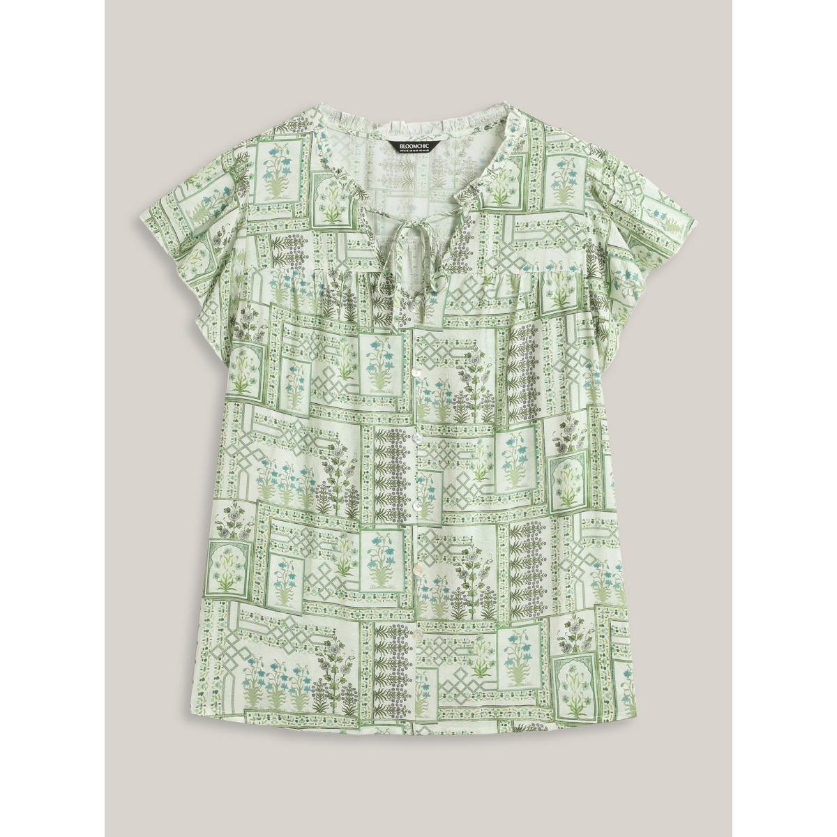 Plus Size Moss Serene Leaf Collage Flutter Sleeve Blouse Women Short sleeve Notched collar Vacation Blouses BloomChic 14-16/1X Product Image