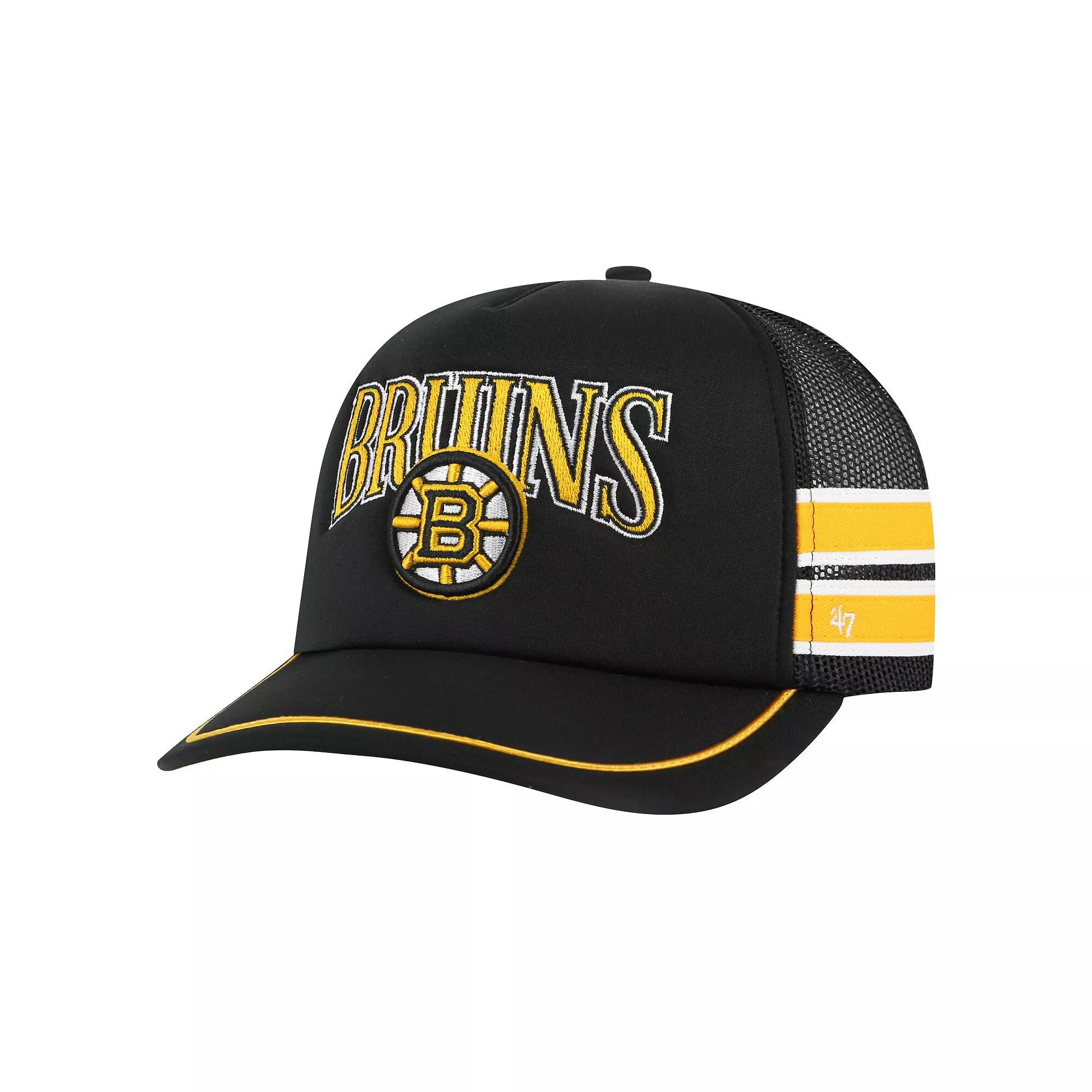 Men's '47 Black Boston Bruins Sideband Stripes Trucker Snapback Hat Product Image
