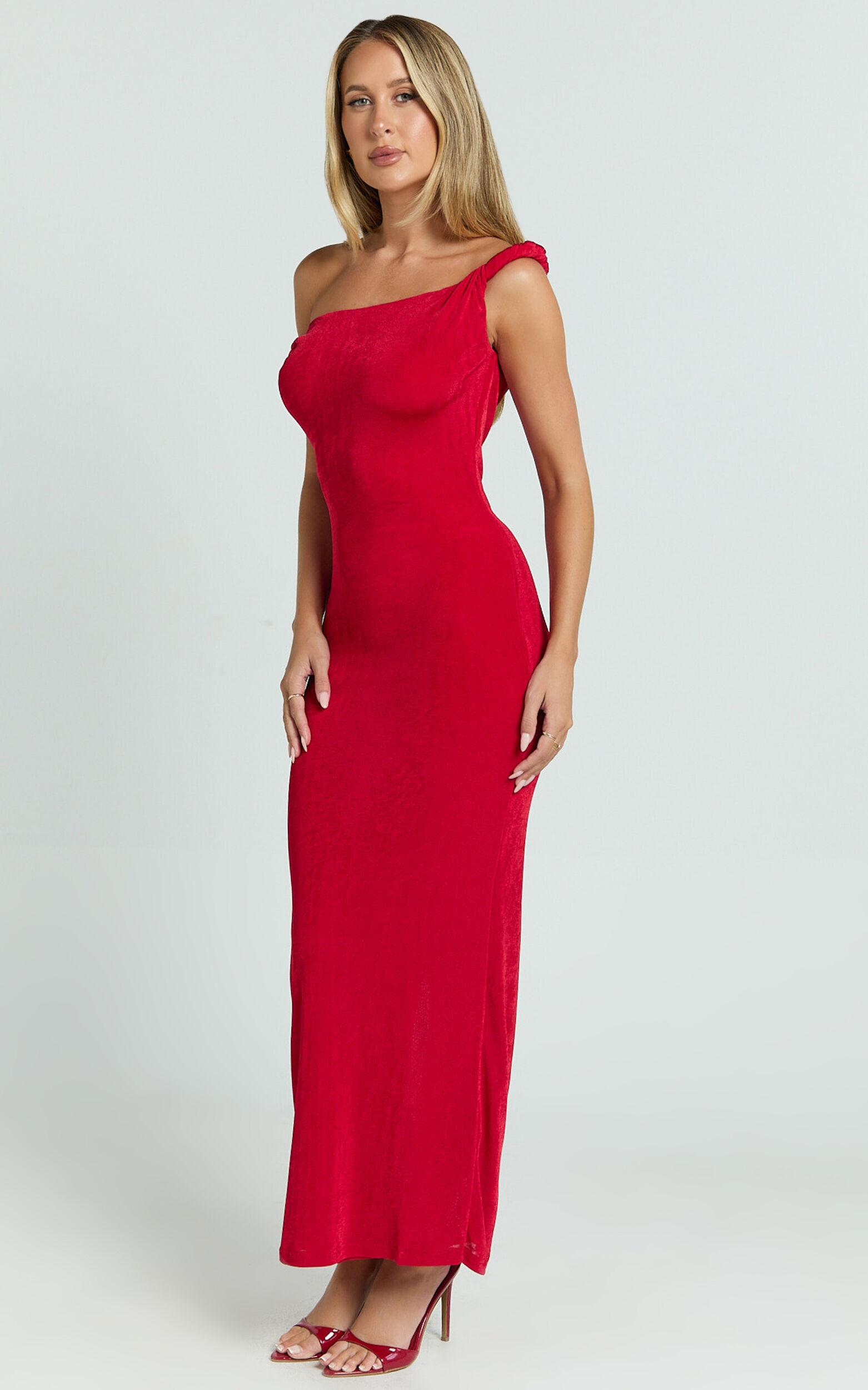 Isabel Midi Dress - Twist Off Shoulder Bodycon Dress in Red Product Image