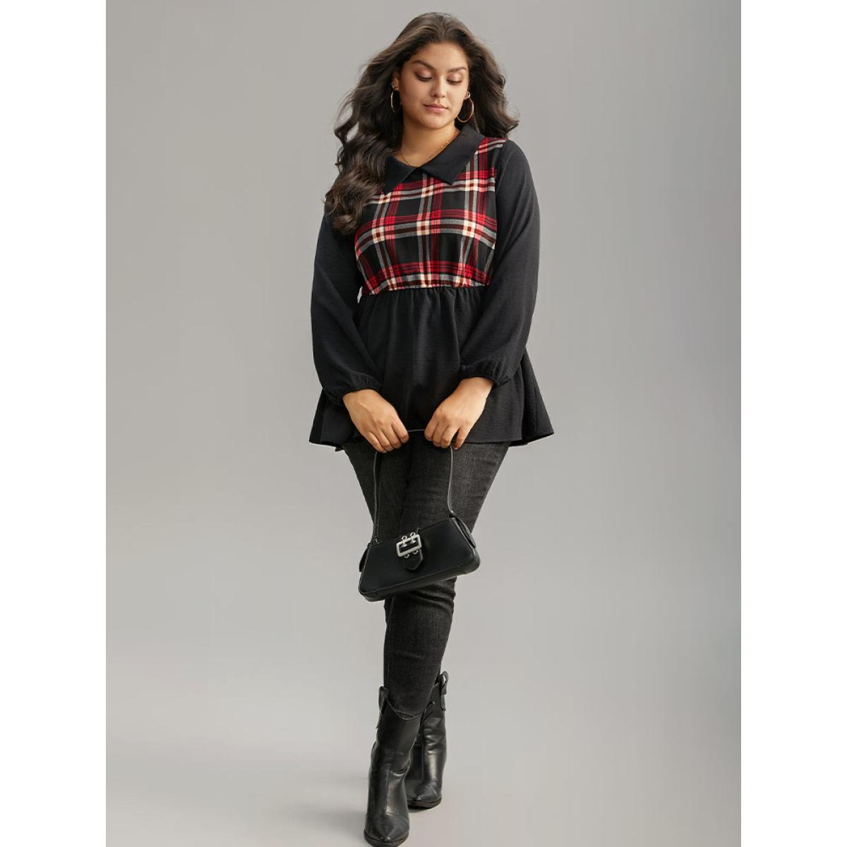 Plus Size Black Plaid Patchwork Lapel Collar Lantern Sleeve Blouse Women Office Long Sleeve Lapel Collar Office Blouses BloomChic 14-16/1X Product Image